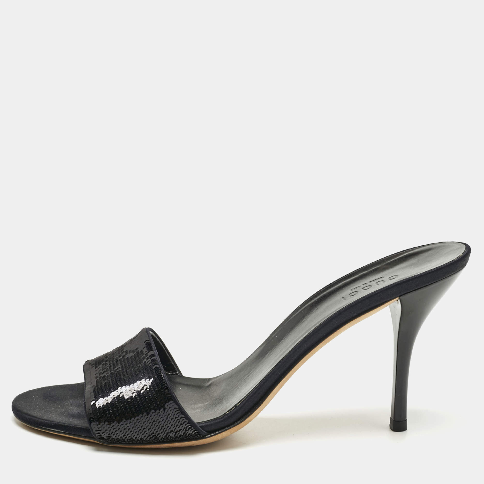 Pre Owned Gucci Black Sequins Open Toe Slide Sandals Size 38.5