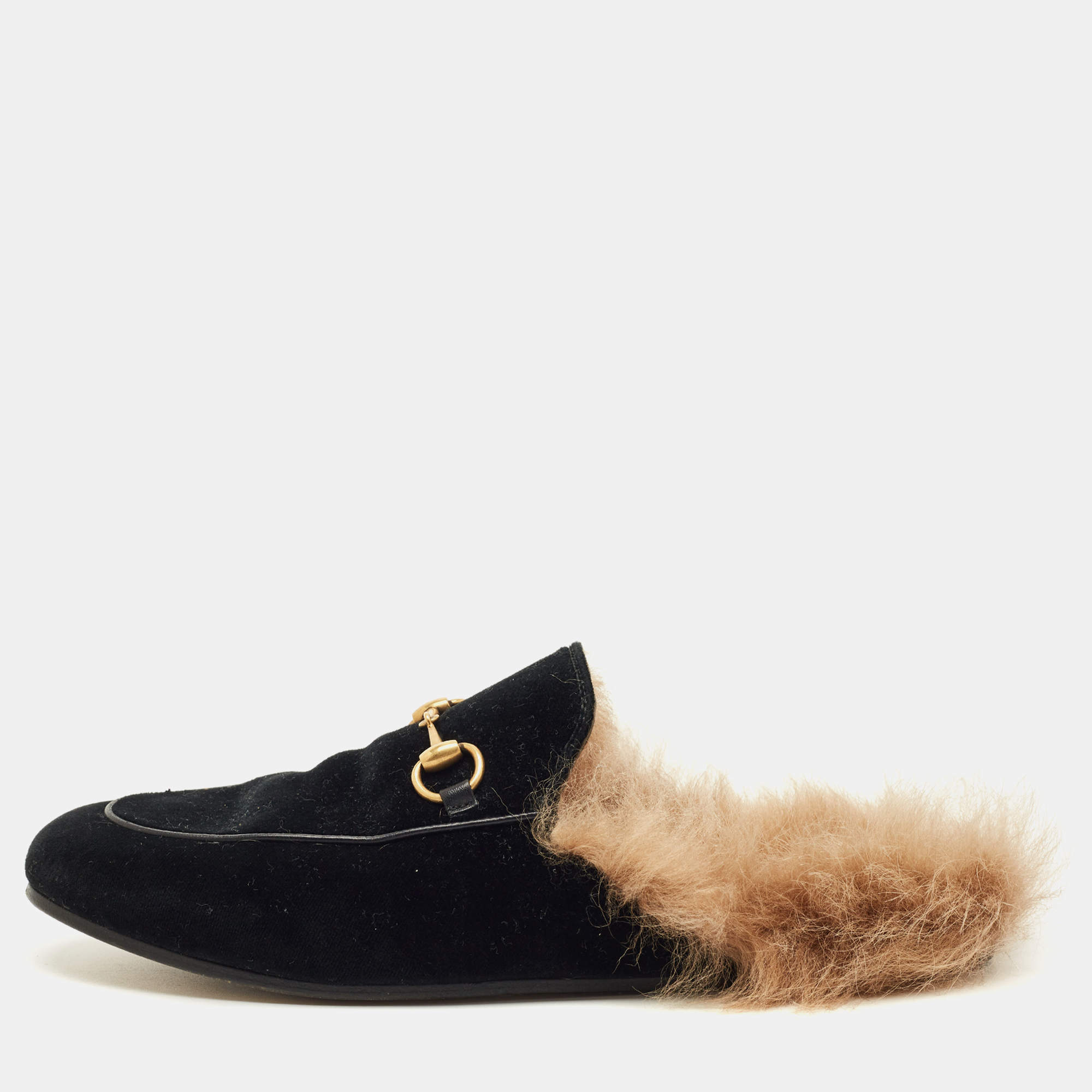 Pre Owned Gucci Black Velvet and Fur Lined Horsebit Princetown Flat Mules Size 37.5