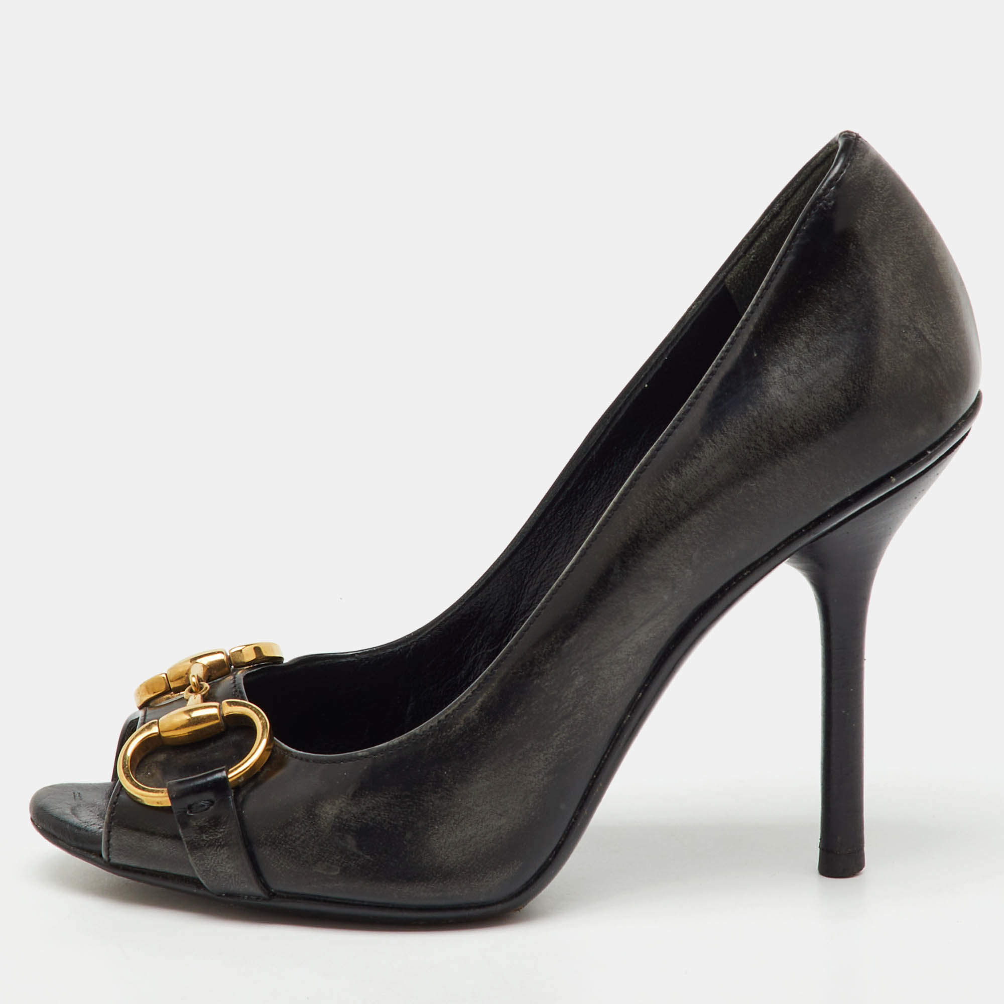 Pre Owned Gucci Black Leather Horsebit Peep Toe Pumps Size 35.5