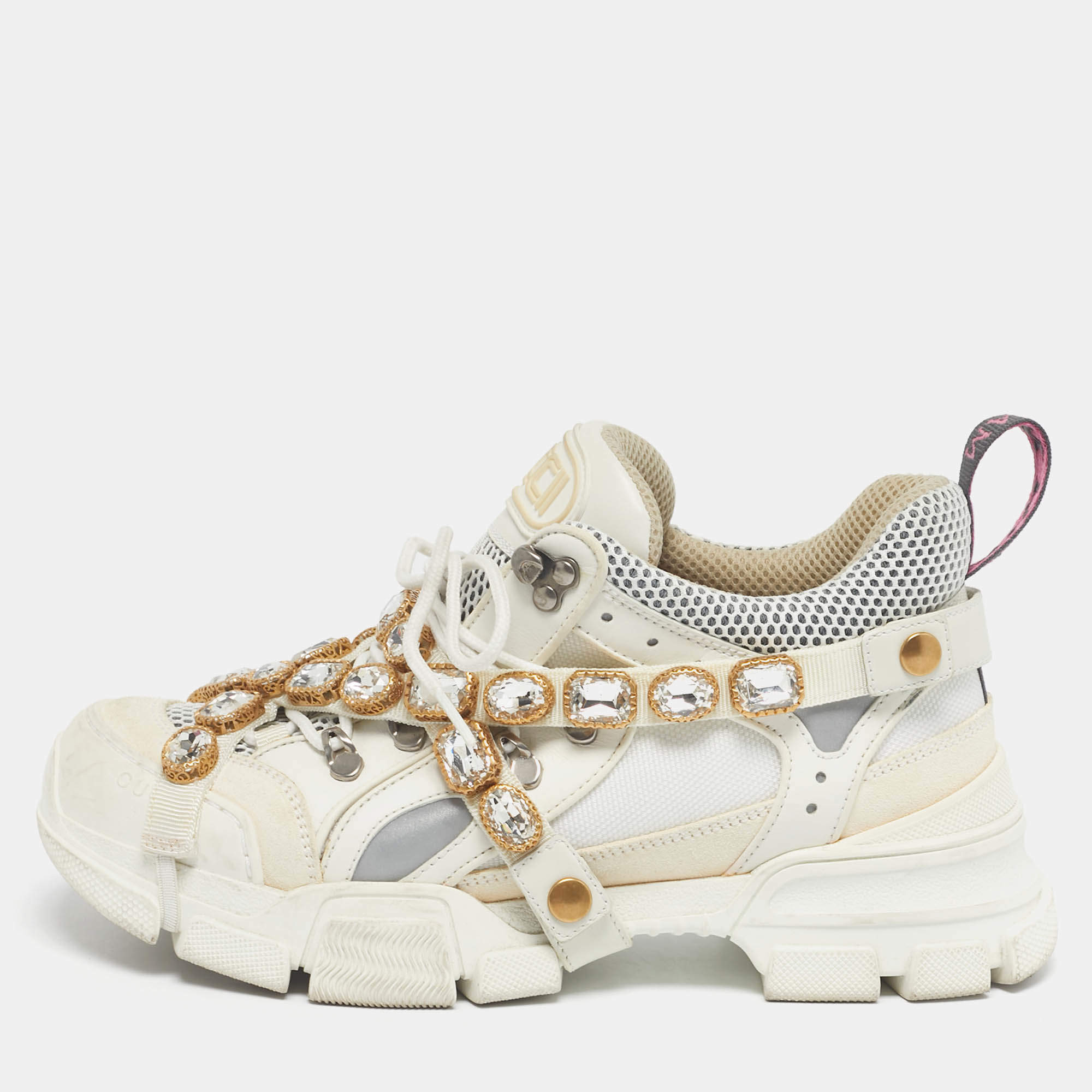 Pre Owned Gucci White Knit Fabric and Leather Flashtrek Lace Up Sneakers Size 40
