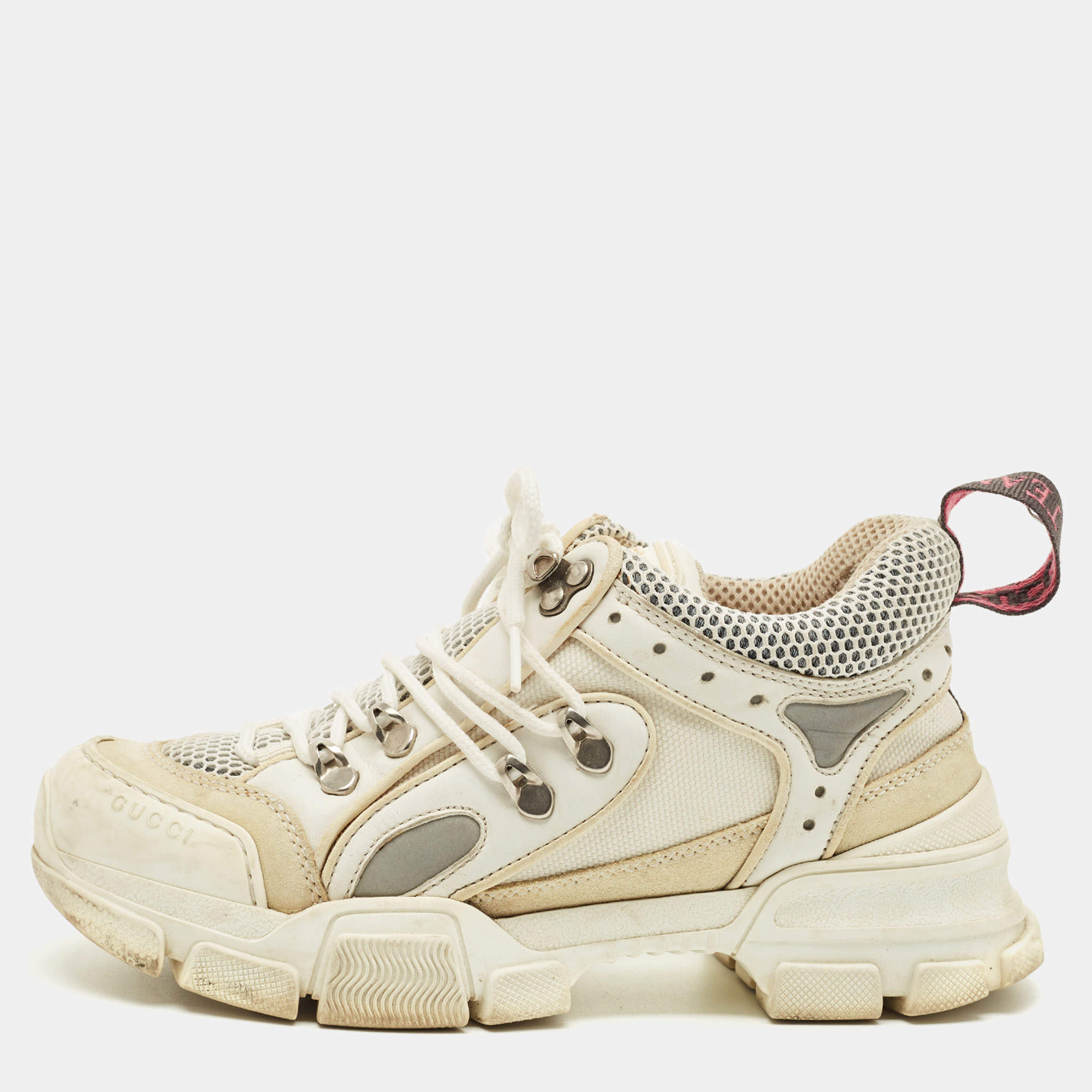 Pre Owned Gucci White Leather and Mesh Flashtrek Chunky Lace Up Sneakers Size 37