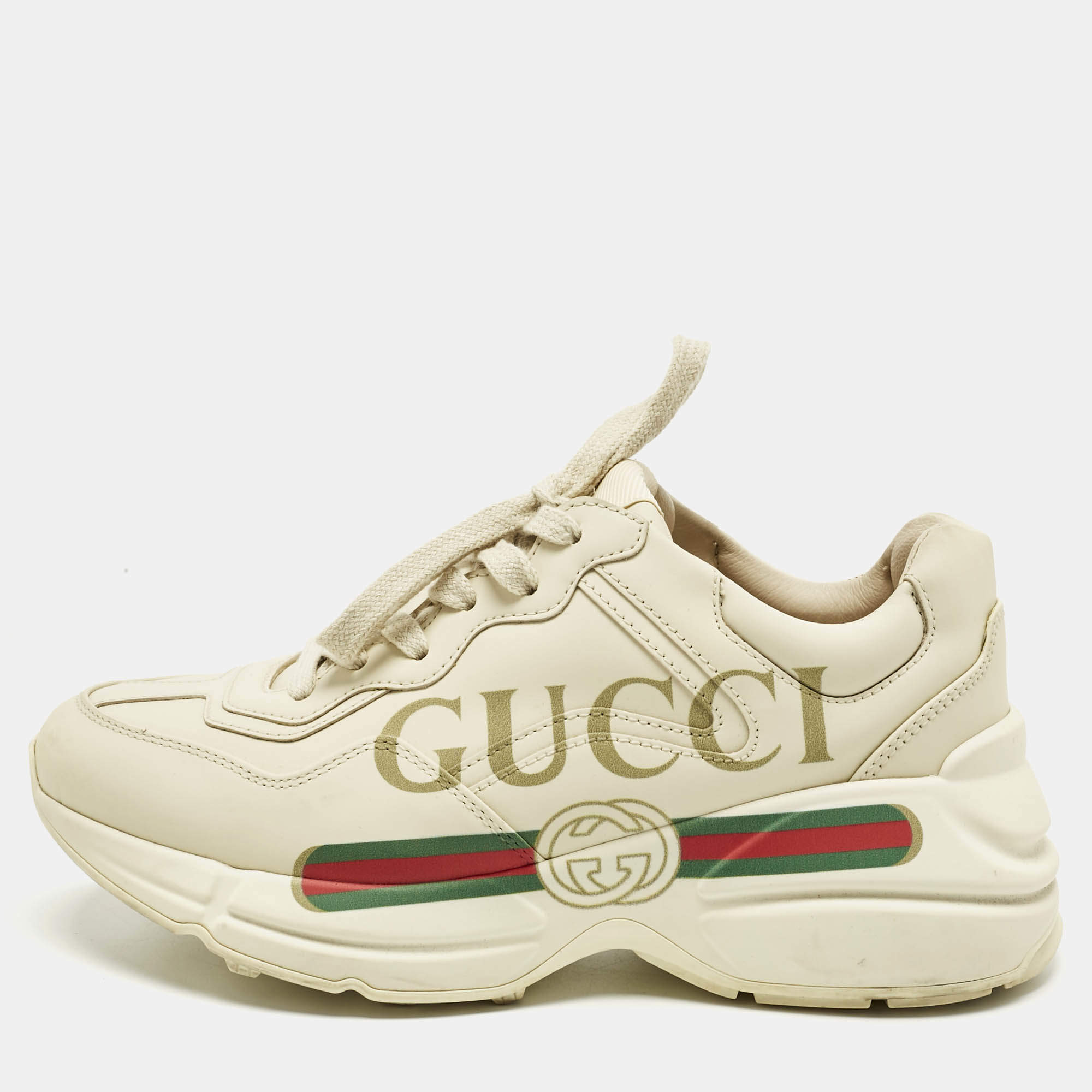 Pre Owned حذاء رياضي غوتشي ريتون جلد أبيض فاتح طباعة شعار منخفض من أعلى مقاس 36