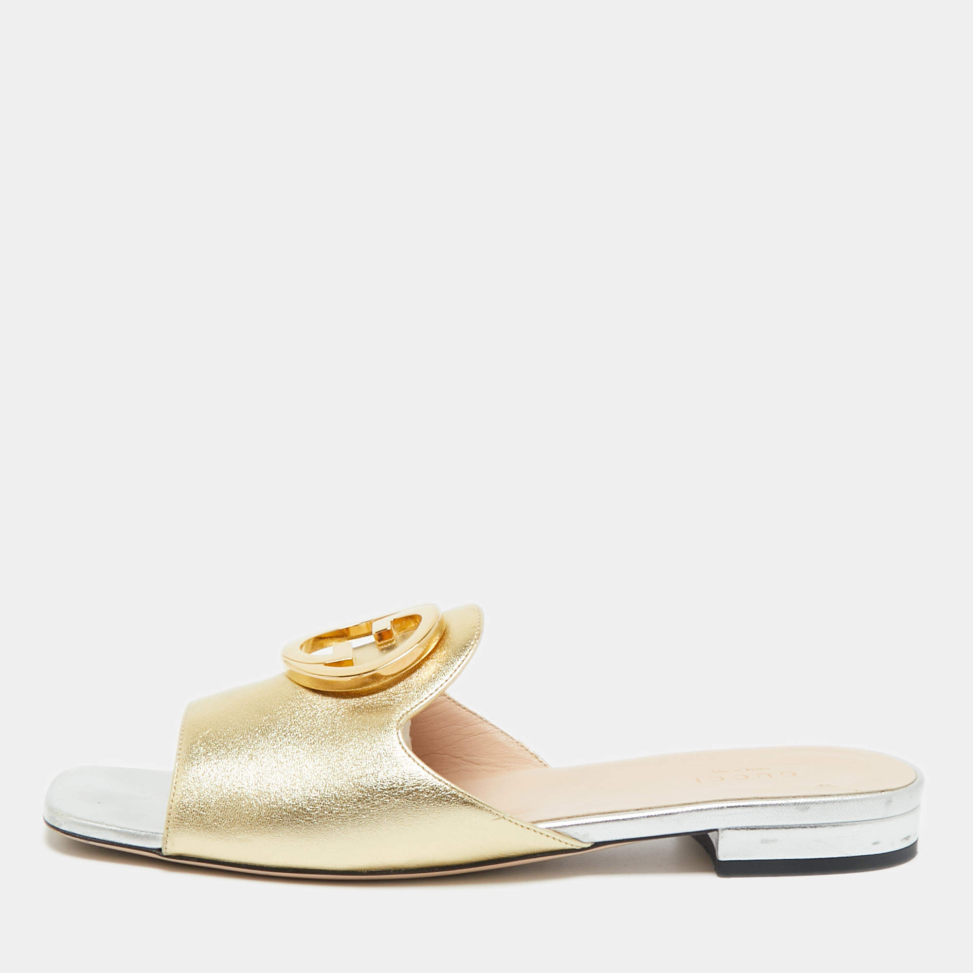 Pre Owned Gucci Silver/Gold Leather GG Interluck Logo Flat Slides Size 39.5