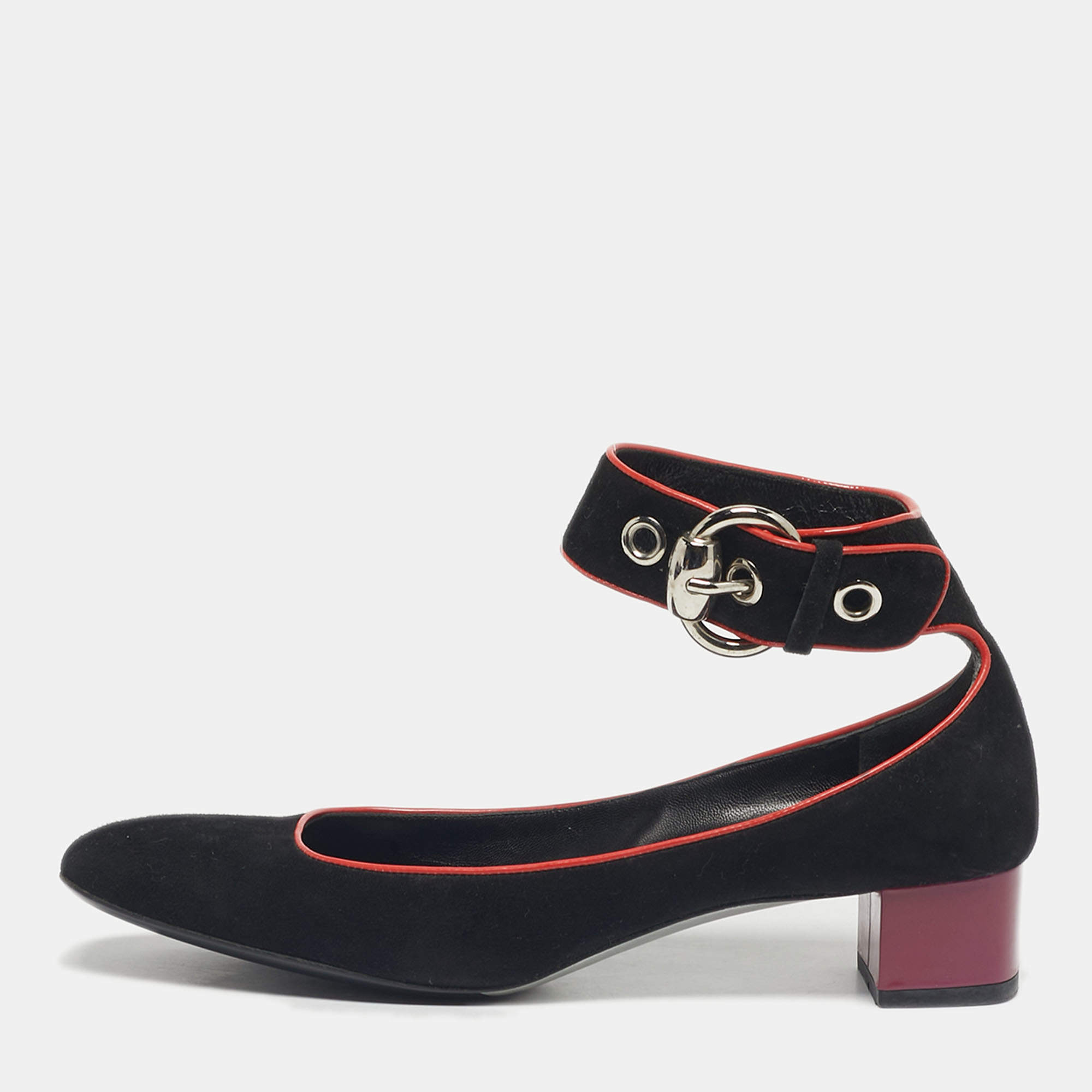 Pre Owned Gucci Black Suede Block Heel Ankle Strap Pumps Size 39