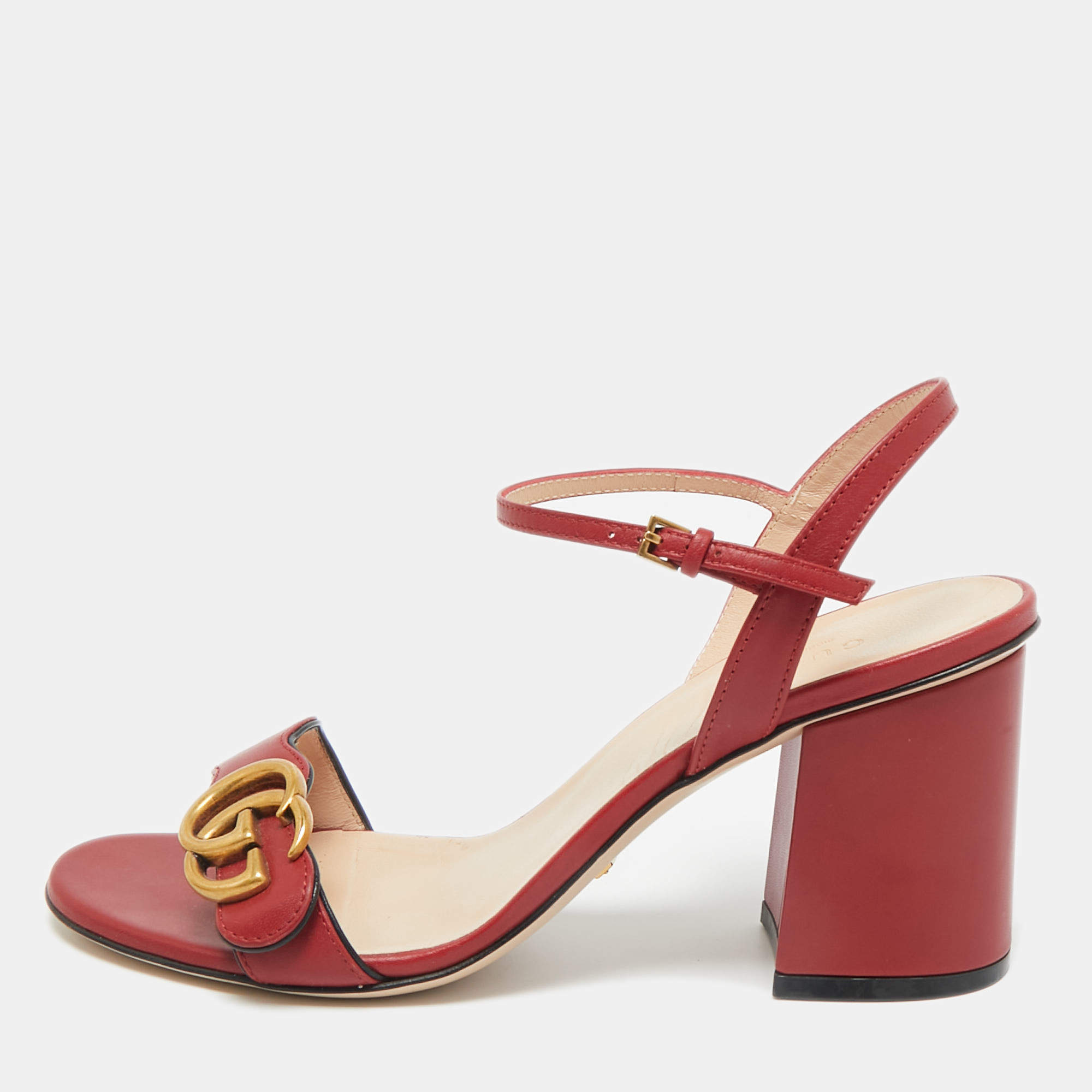 Pre Owned Gucci Red Leather GG Marmont Ankle Strap Sandals Size 38