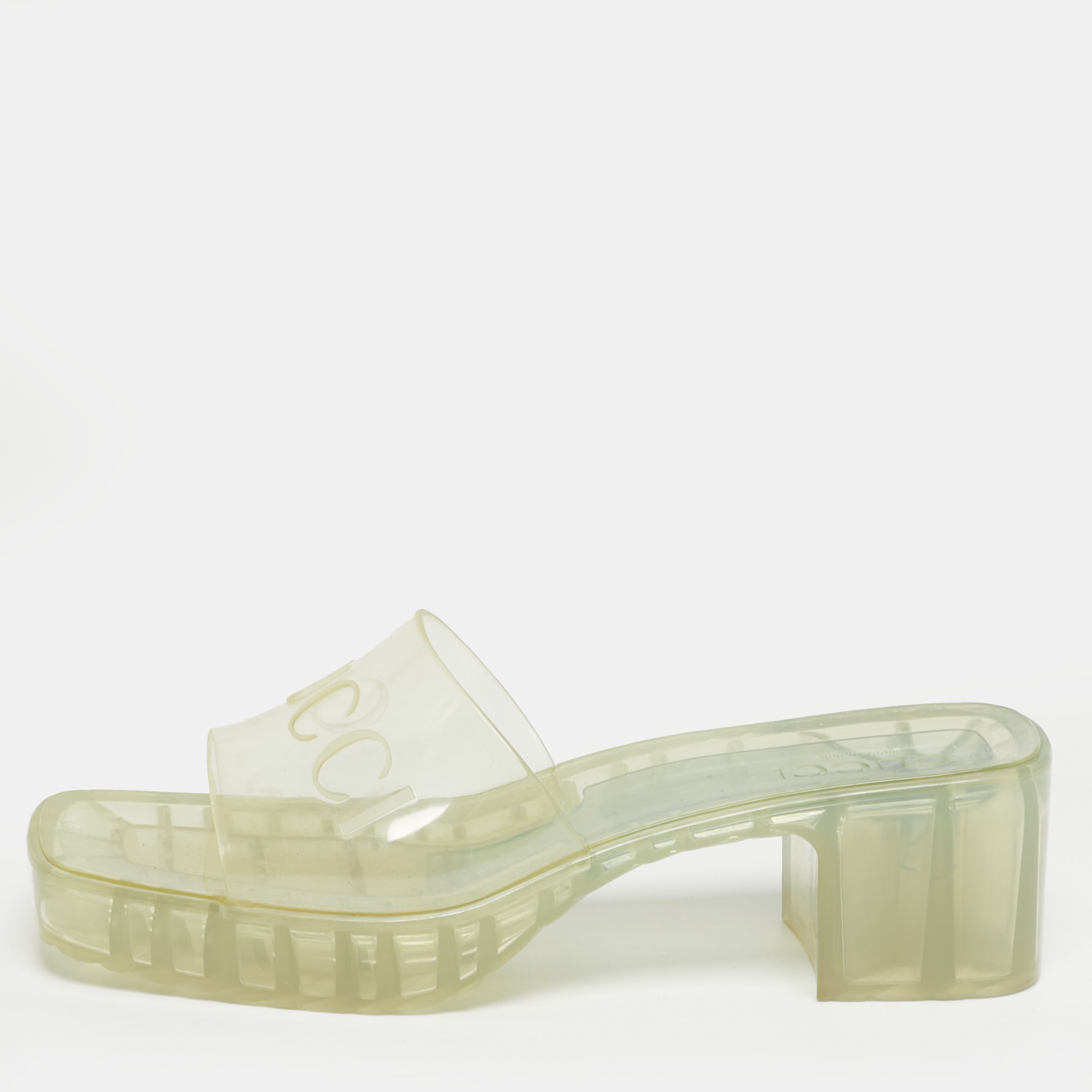 مملوكة مسبقًا Gucci Transparent PVC Embossed Logo Block Heel Slide Sandals Size 38