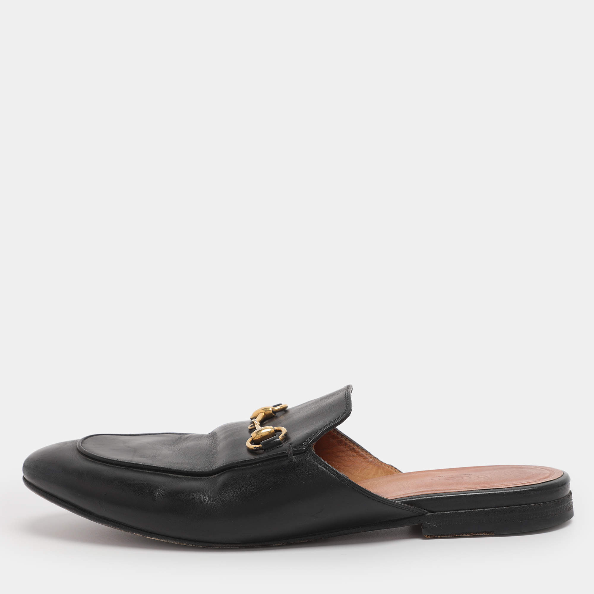 Pre Owned Gucci Black Leather Princetown Flat Mules Size 37.5 