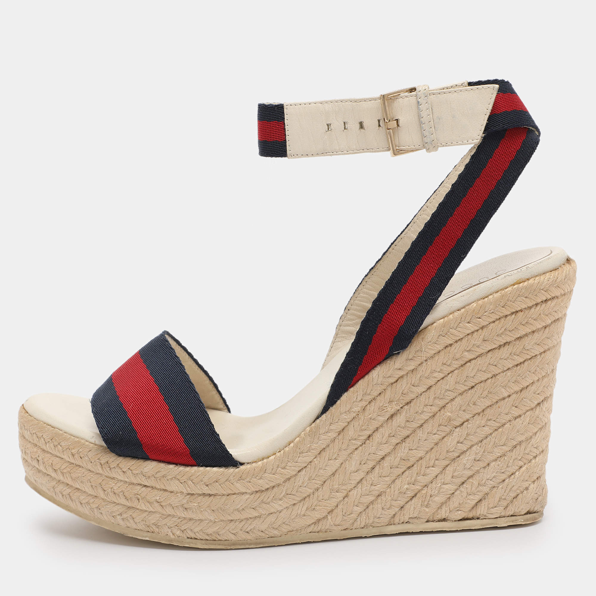 مملوكة مسبقًا Gucci Multicolor Web and Leather Espadrille Wedge Sandals Size 39