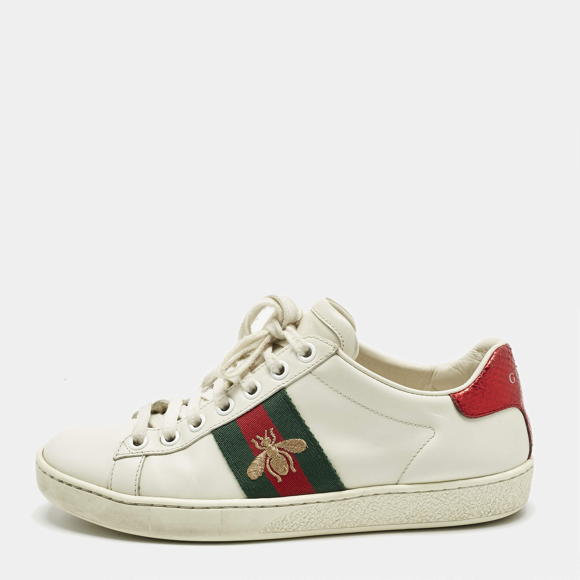 Pre Owned Gucci White Leather and Snakeskin Embossed Leather Ace Lace Up Sneakers Size 35