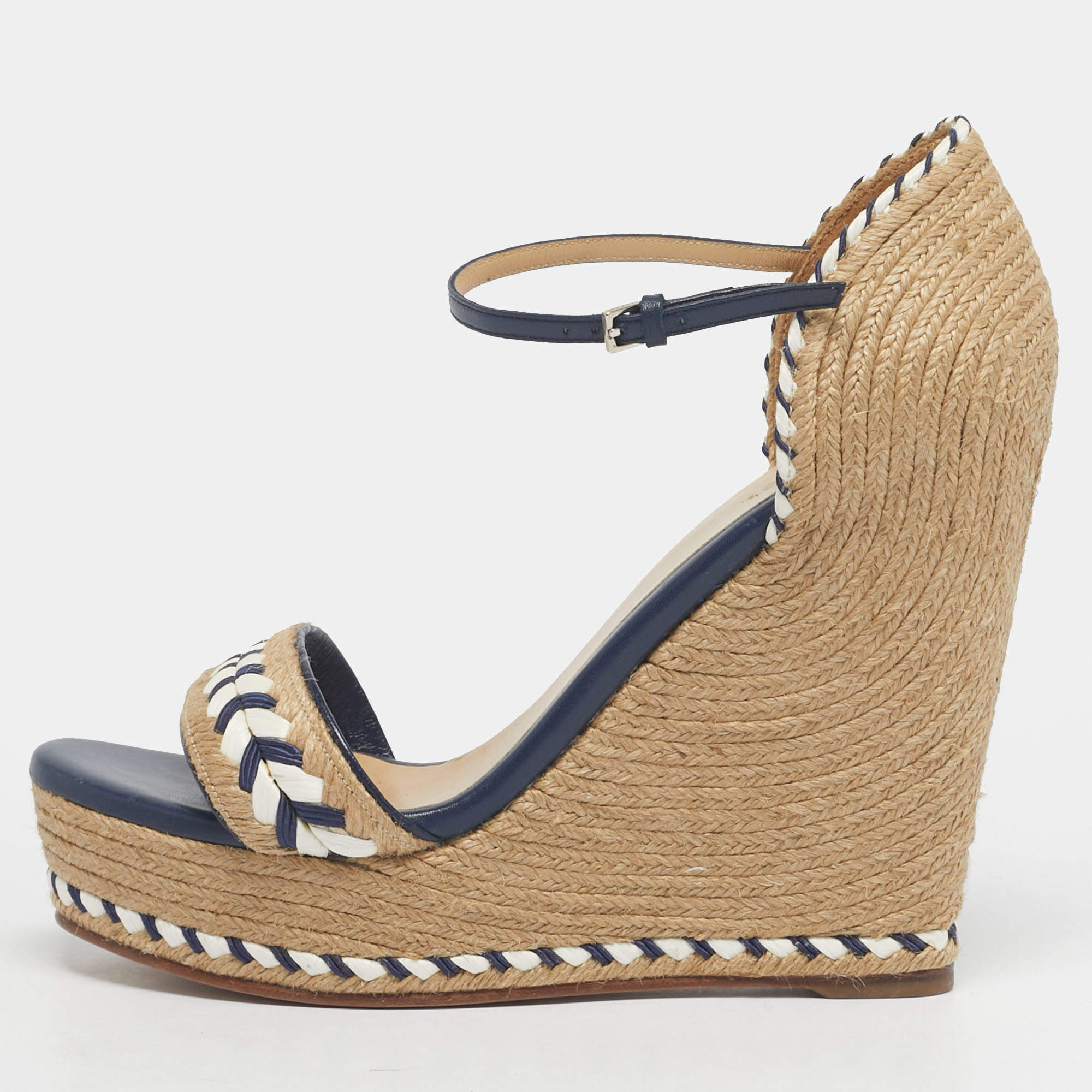 Pre Owned Gucci Beige/Blue Jute and Leather Espadrille Wedge Sandals Size 39.5