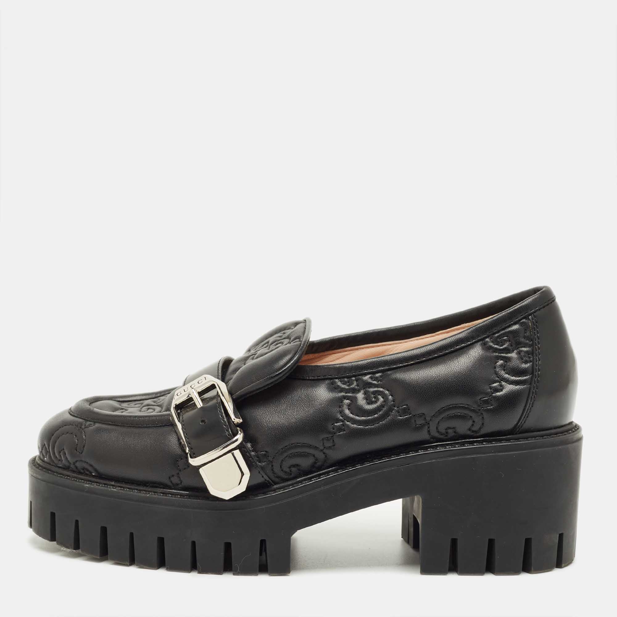 Pre Owned Gucci Black Leather GG Matelassé Buckle Strap Loafers Size 36.5