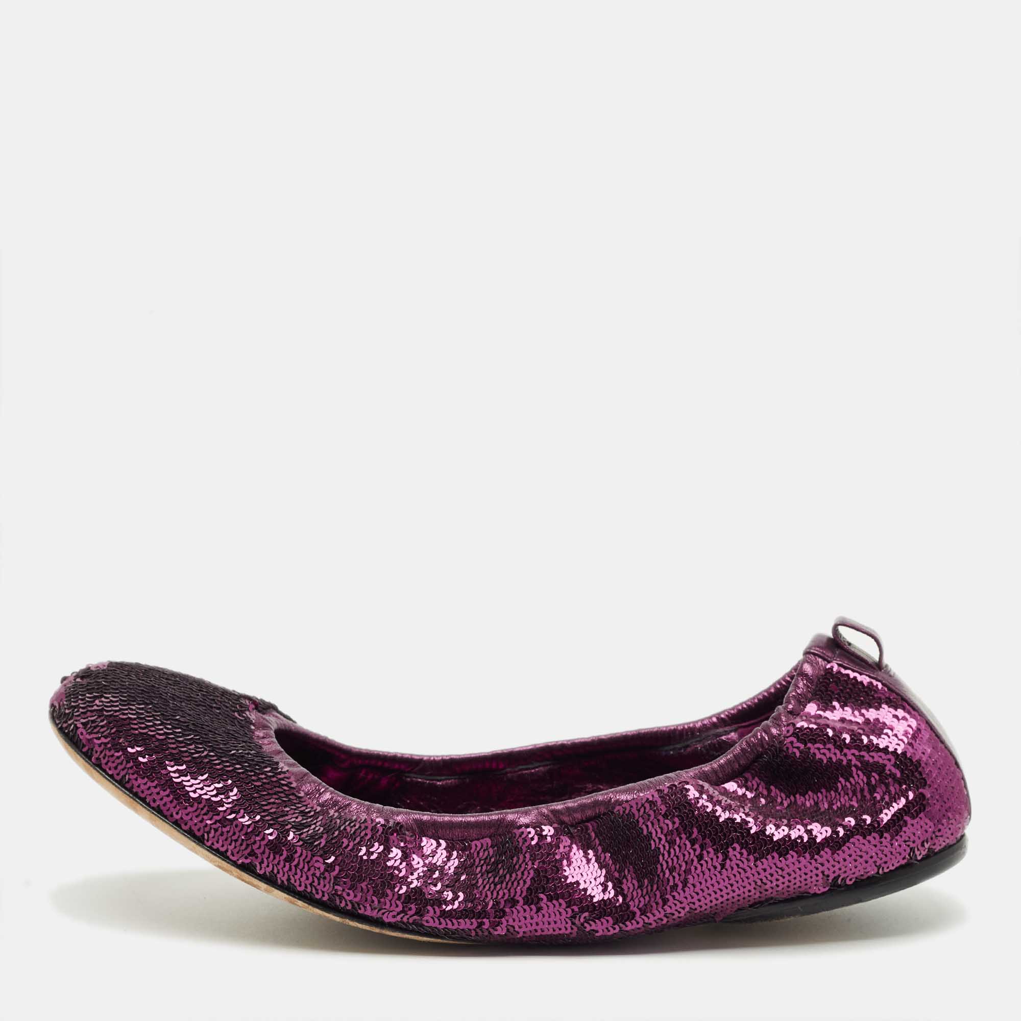 Pre Owned Gucci Purple Leather and Sequins Embellish Scrunch Ballet Flats Size 39