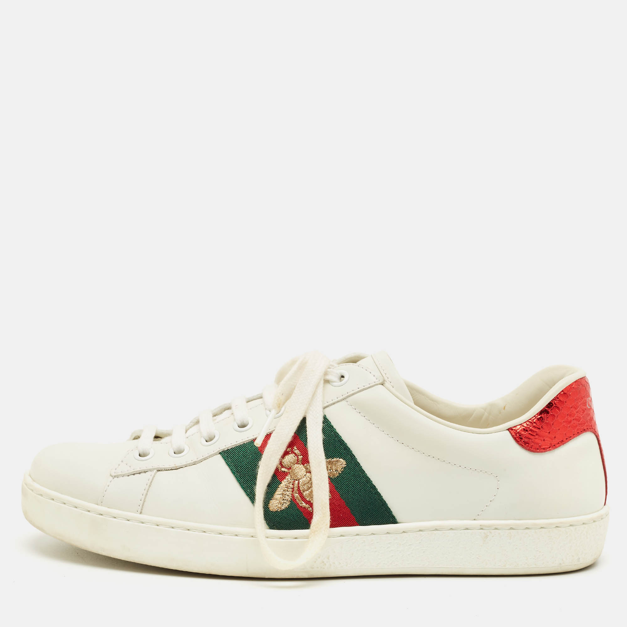 Pre Owned Gucci White Snakeskin Embossed and Leather Ace Web Lace Up Sneakers Size 39.5