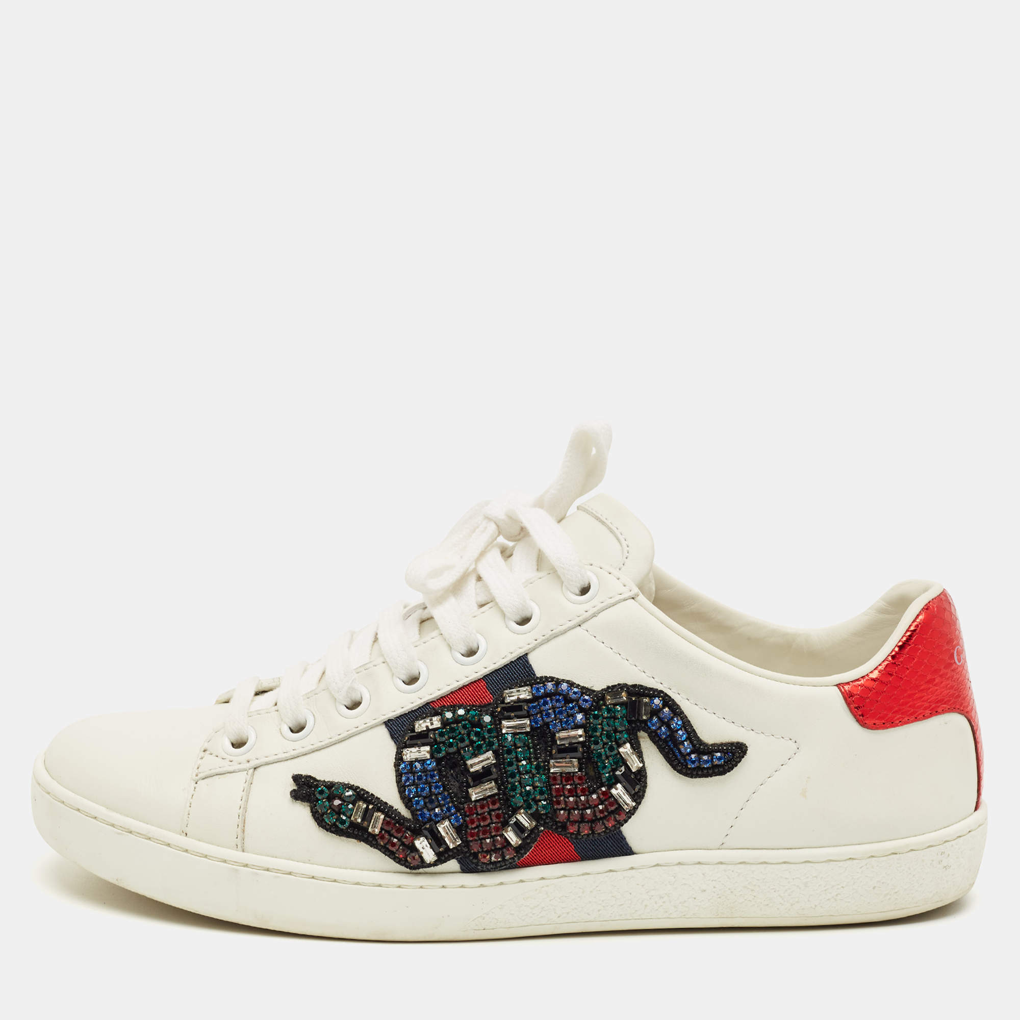 Pre Owned Gucci White Snakeskin Embossed and Leather Ace Low Top Sneakers Size 36