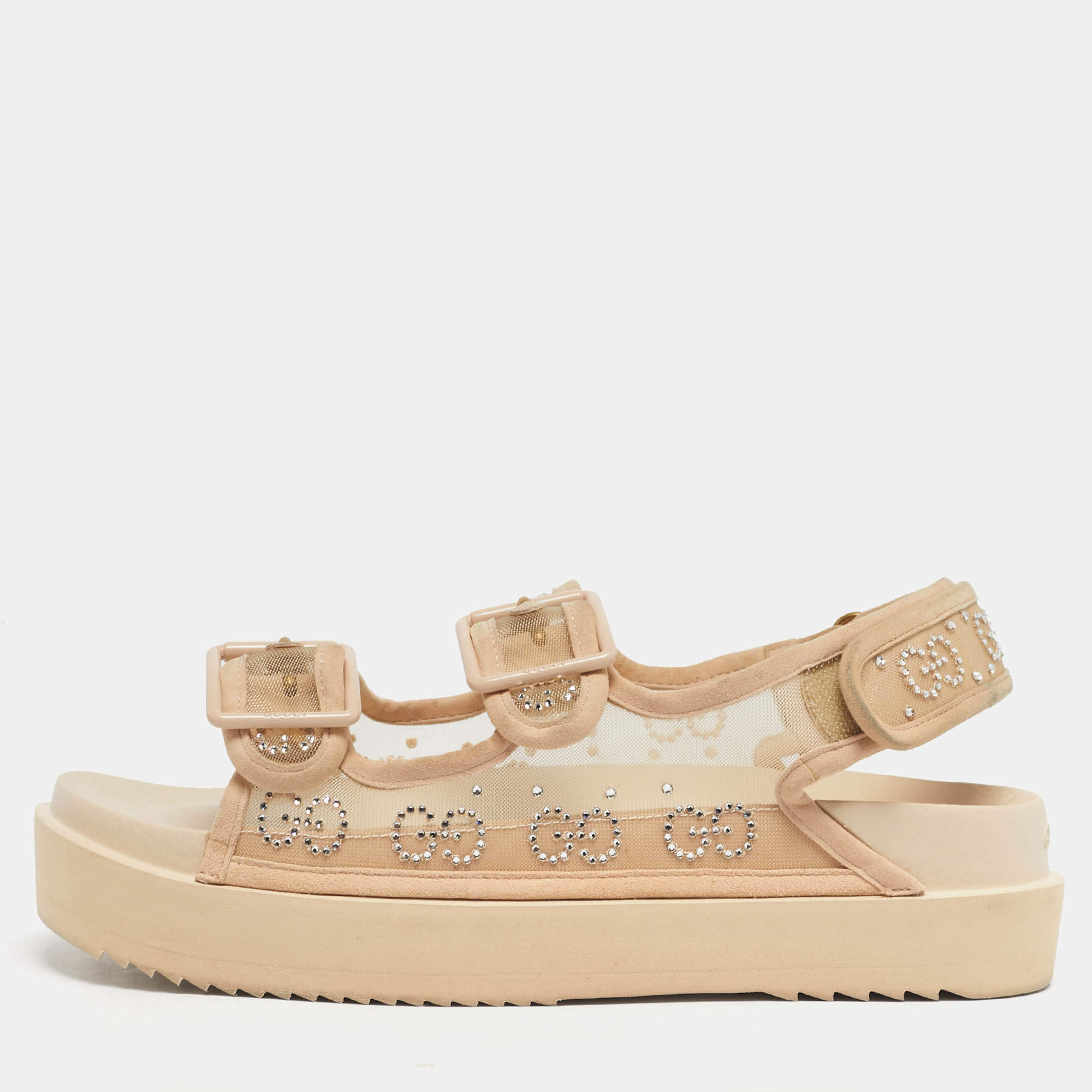 Pre Owned Gucci Beige Mesh and Suede GG Crystal Embellished Platform Sandals Size 39