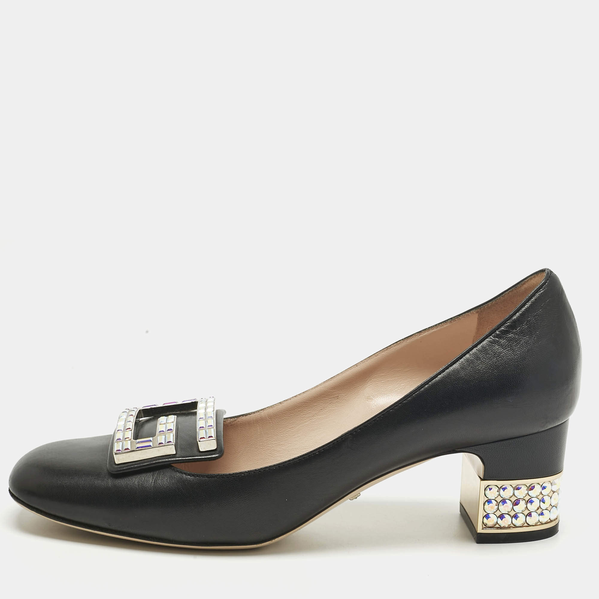 مملوكة مسبقًا Gucci Black Leather Madeleine Crystals Pumps Size 38.5