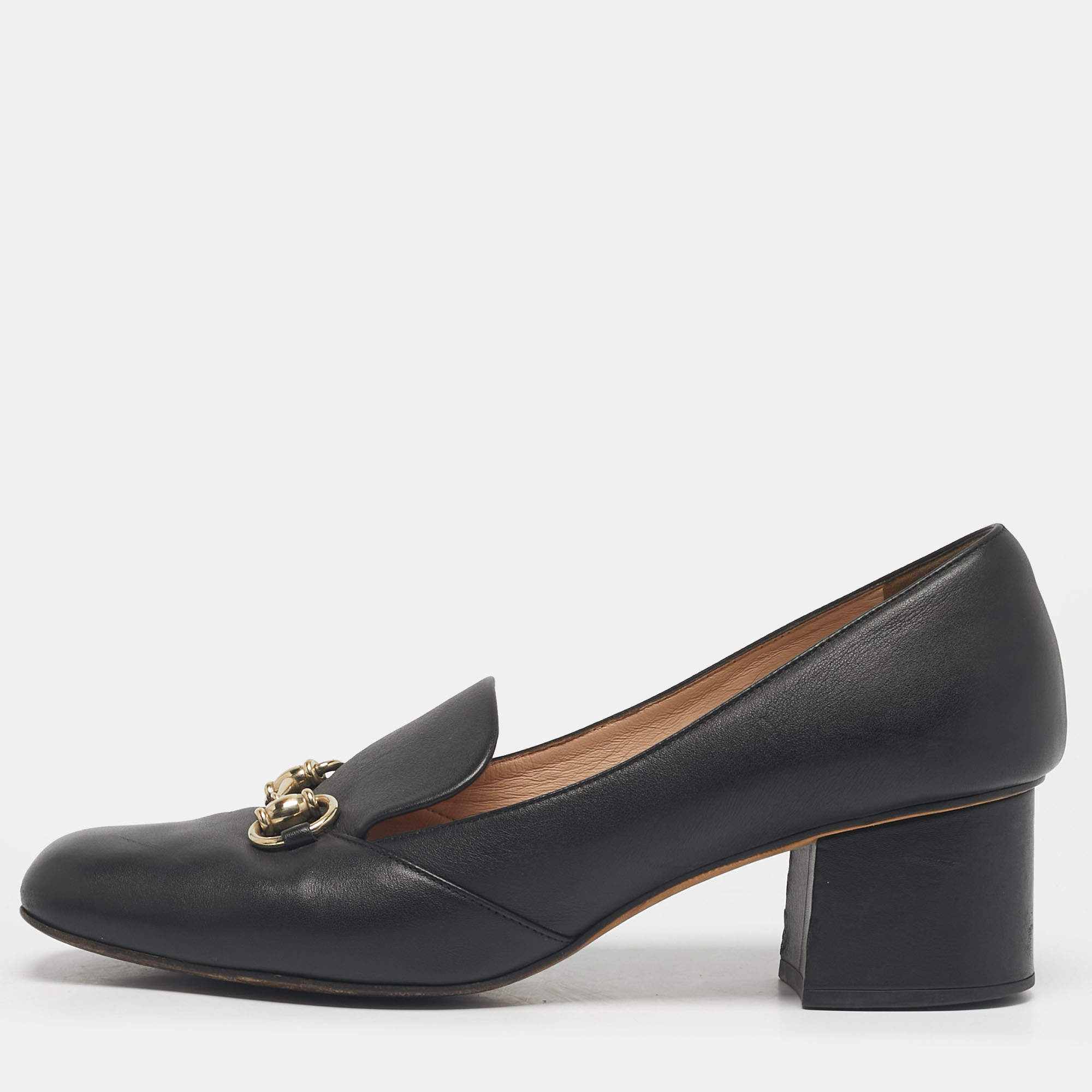 Pre Owned Gucci Black Leather Loafer Horsebit Pumps Size 39.5