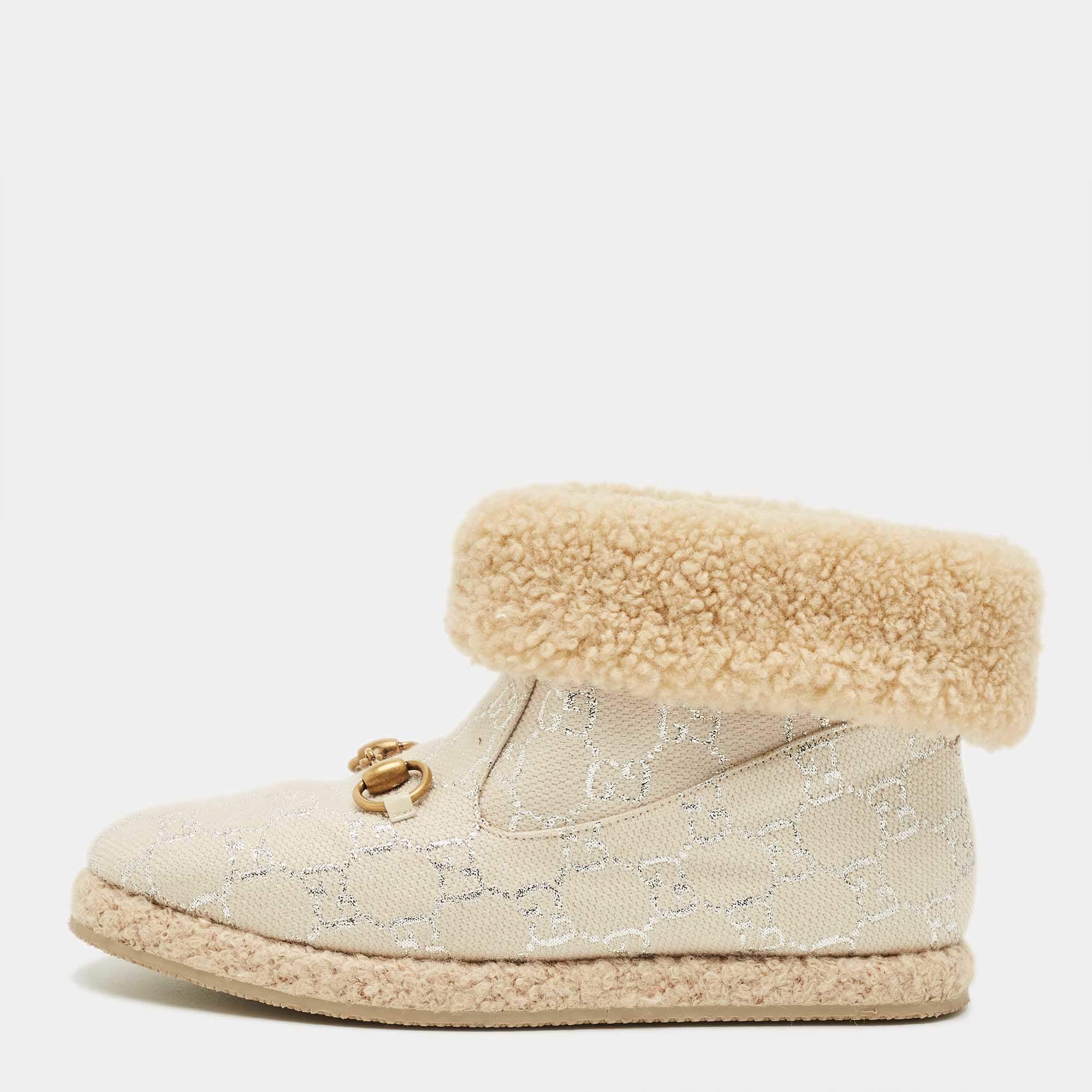Pre Owned Gucci Cream/Silver Canvas and Shearling Fria Horsebit Ankle Boots Size 38