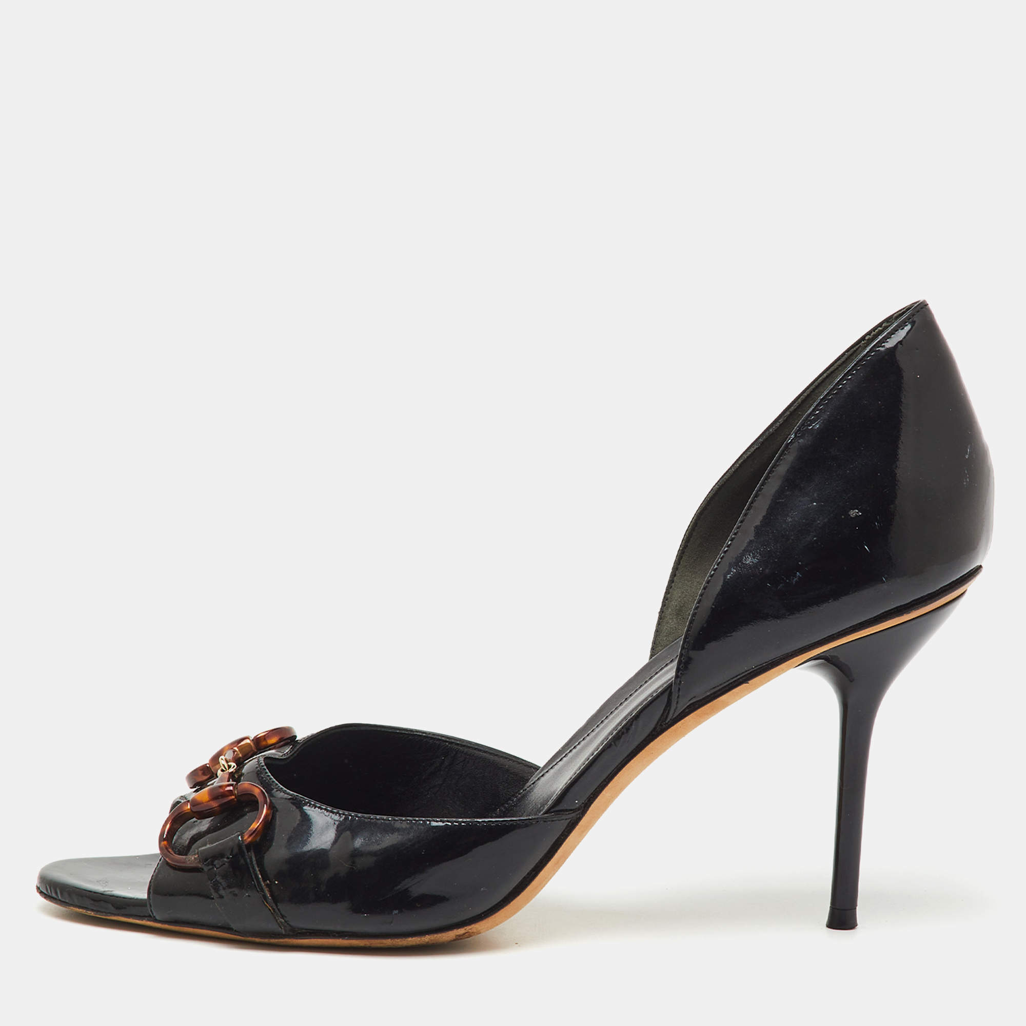 Pre Owned Gucci Black Patent Leather Horsebit Open Toe D'orsay Pumps Size 43