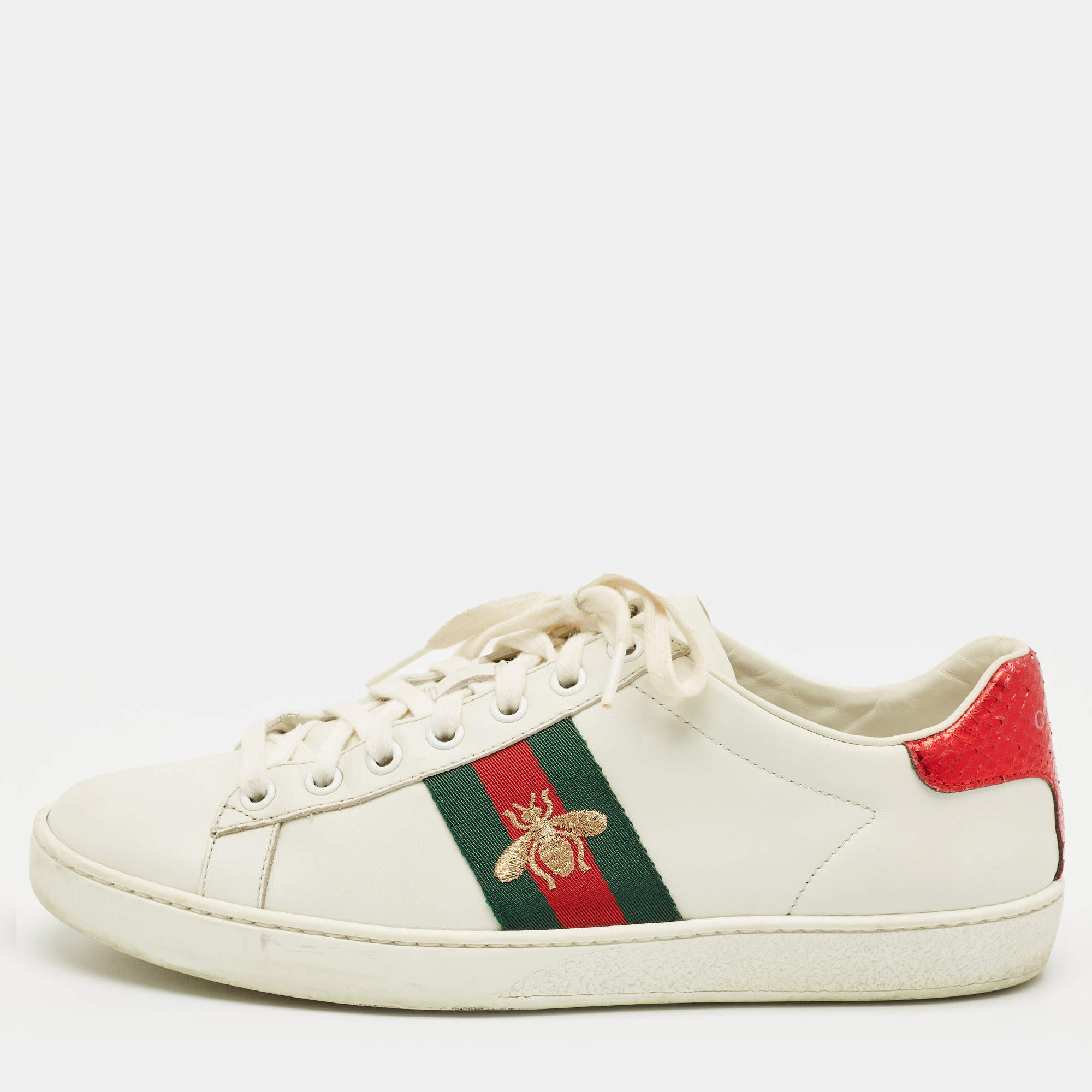 Pre Owned Gucci White Snakeskin Embossed Leather Ace Lace Up Sneakers Size 38