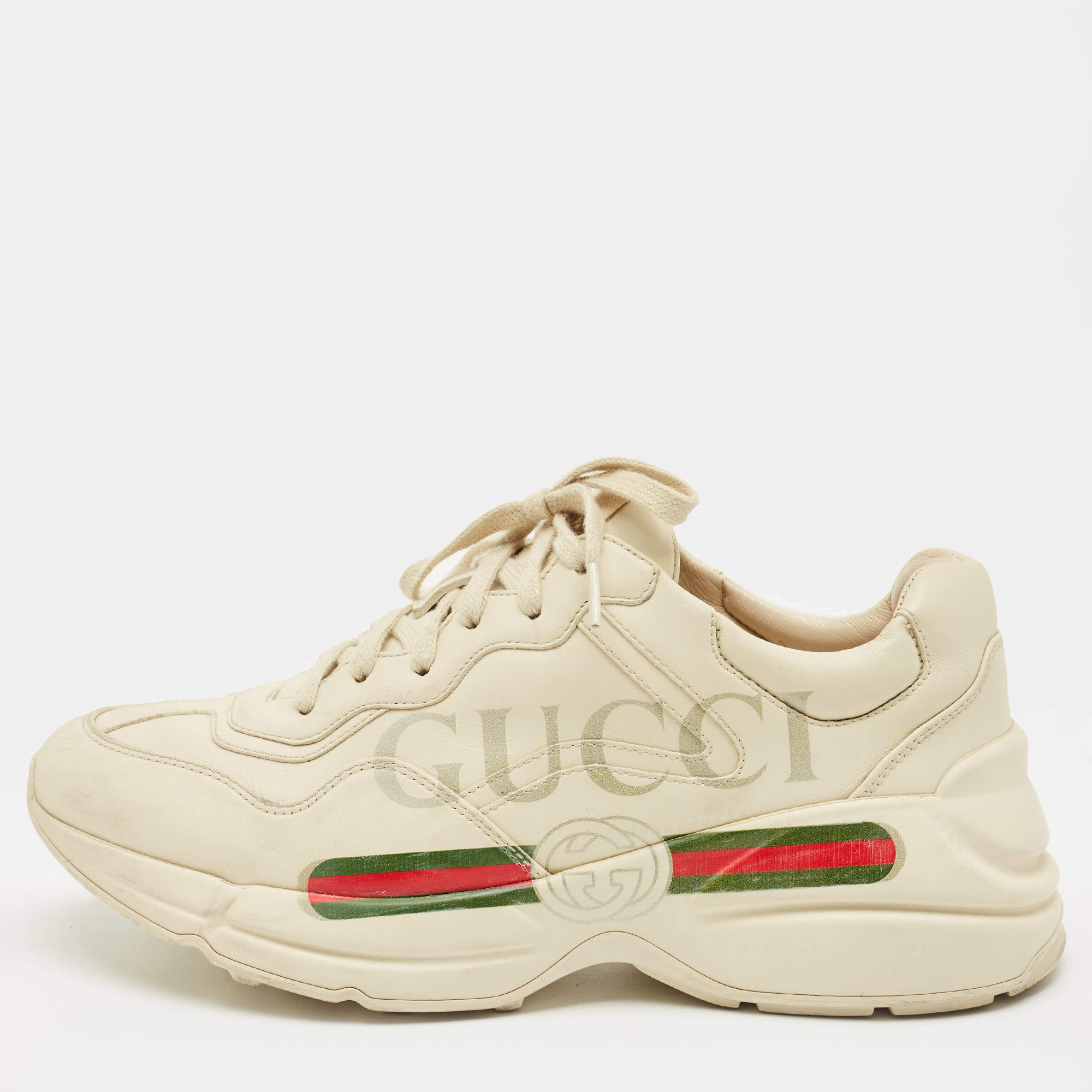 Pre Owned Gucci Cream Leather Rhyton Low Top Sneakers Size 39
