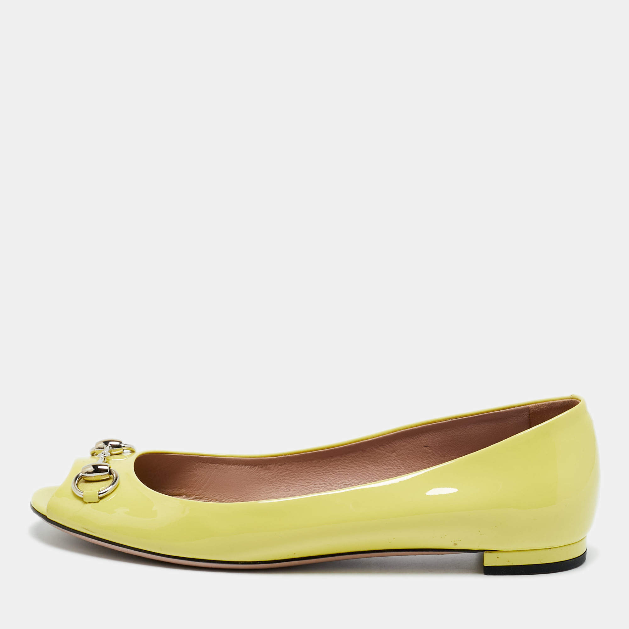 Pre Owned Gucci Neon Yellow Patent Leather Horsebit Peep Toe Ballet Flats Size 39