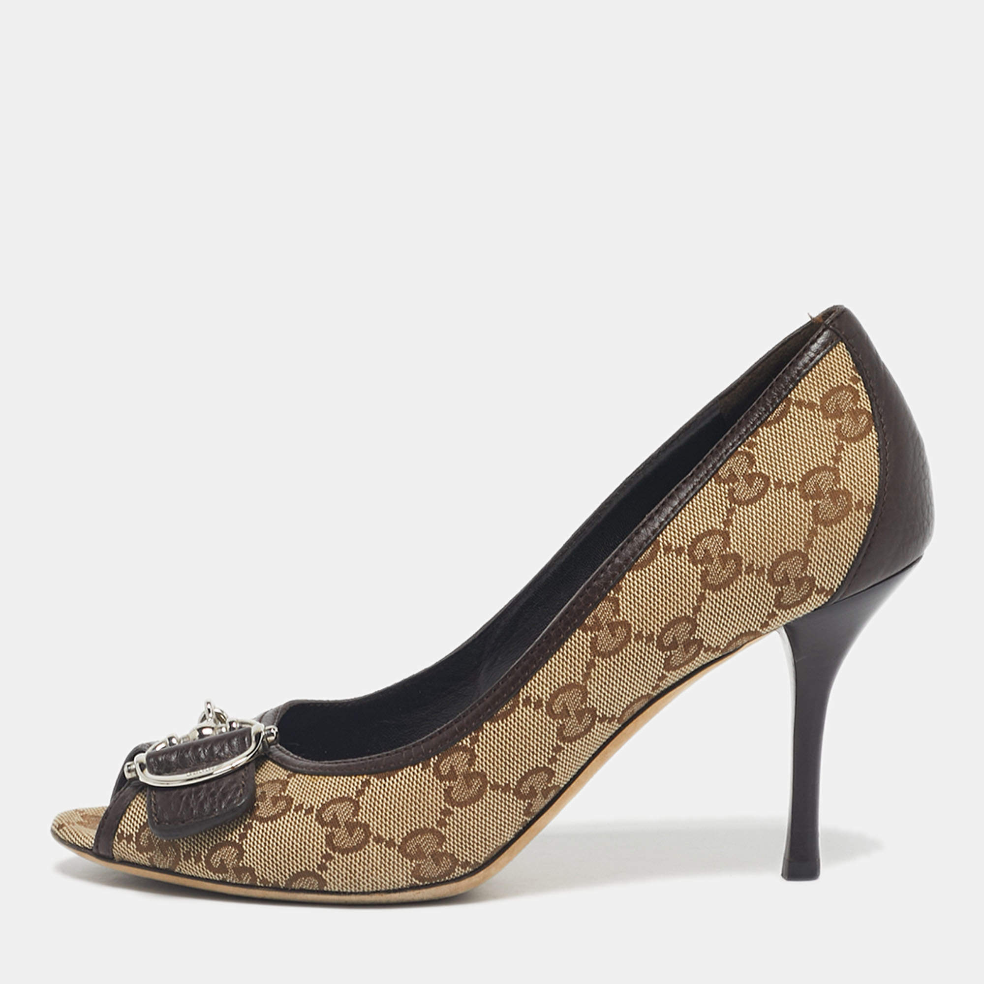 Pre Owned Gucci Beige/Brown Guccissima Canvas Peep Toe Pumps Size 38