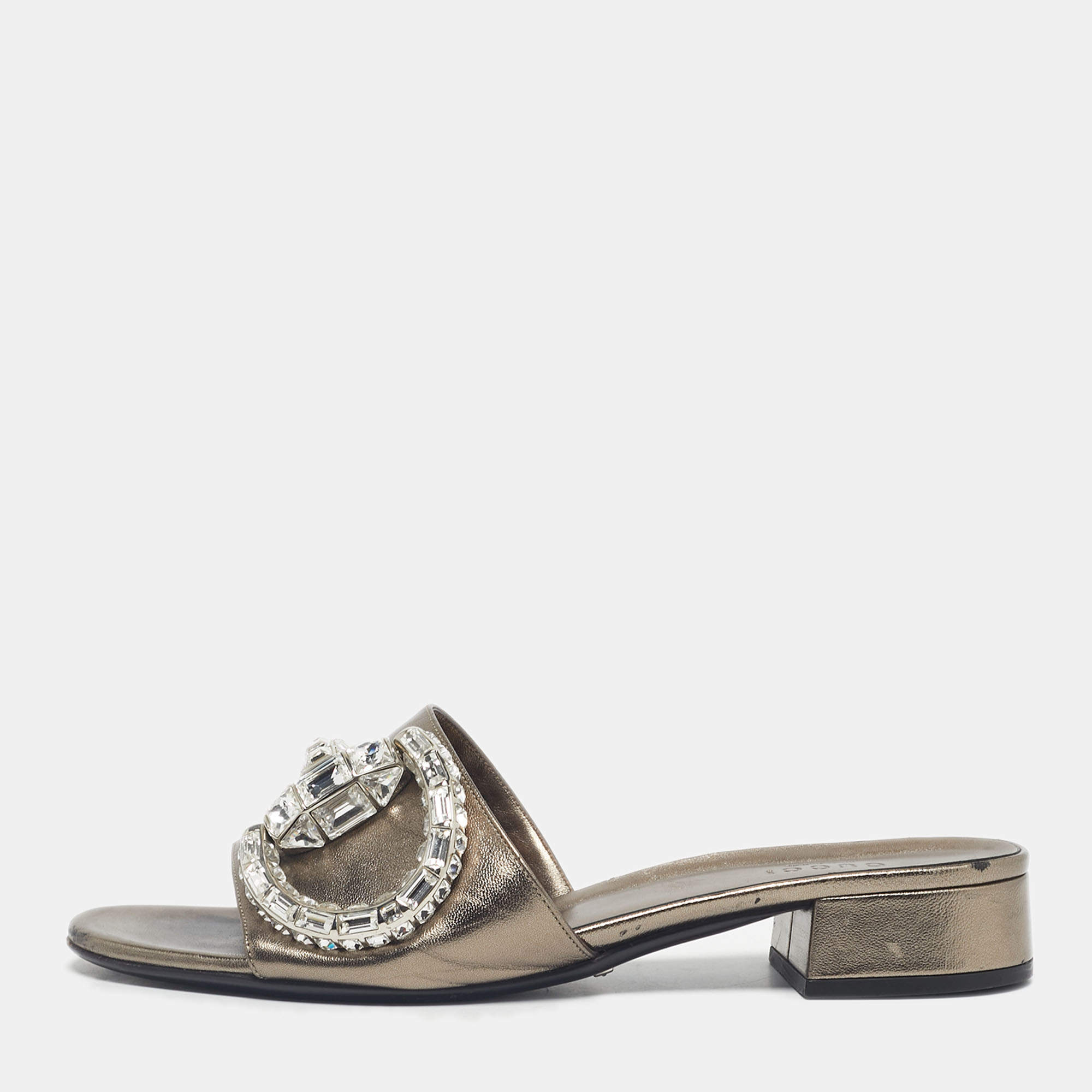 Pre Owned Gucci Metallic Leather Maxime Slide Sandals Size 38.5