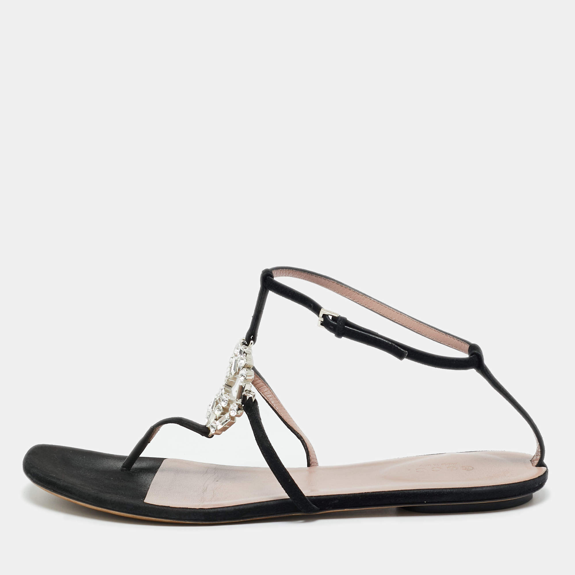 Pre Owned Gucci Black Suede GG Interlocking Crystal Embellished Ankle Strap Flat Sandals Size 39