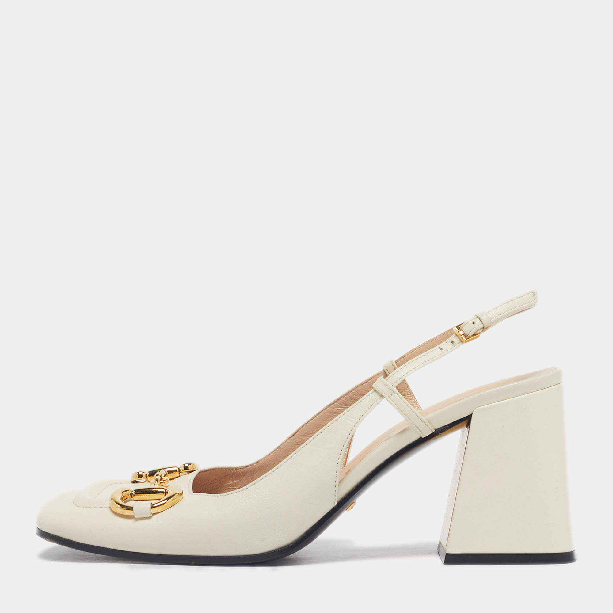 Pre Owned Gucci Cream Leather Horsebit Platform Slingback Pumps Size 39
