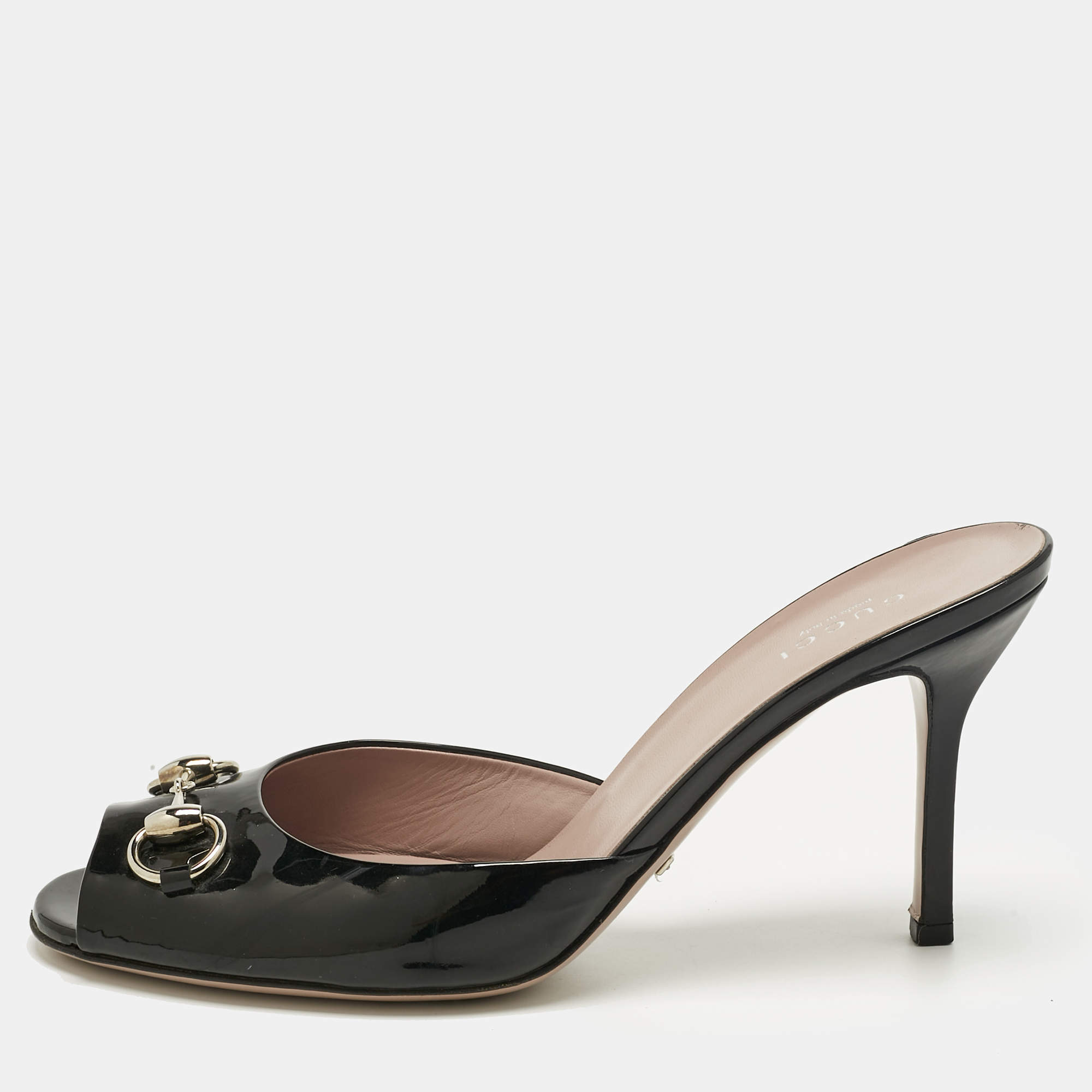 Pre Owned Gucci Black Patent Leather  Horsebit Slide Sandals Size 39