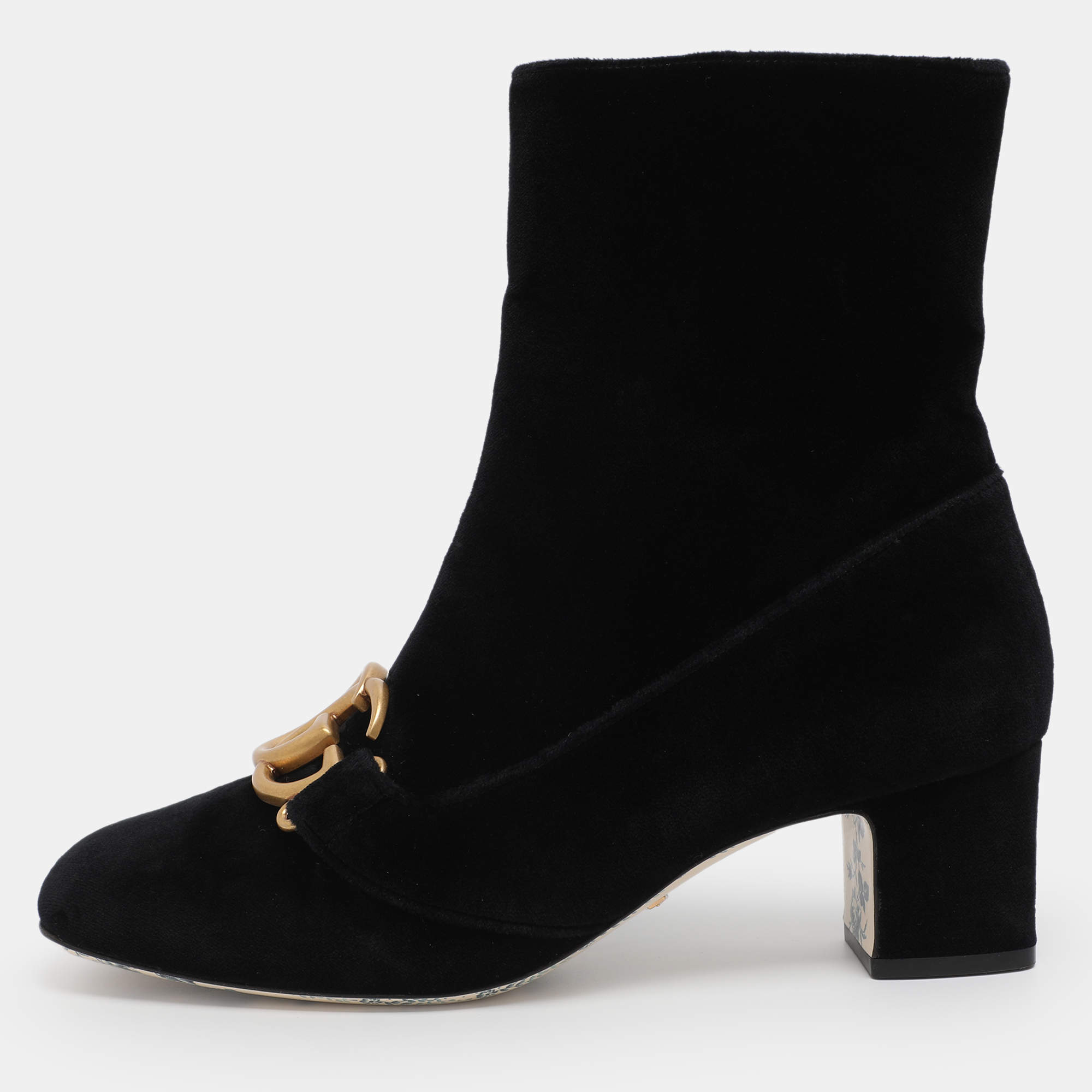 Pre Owned Gucci Black Velvet GG Marmont Mid Calf Boots Size 39