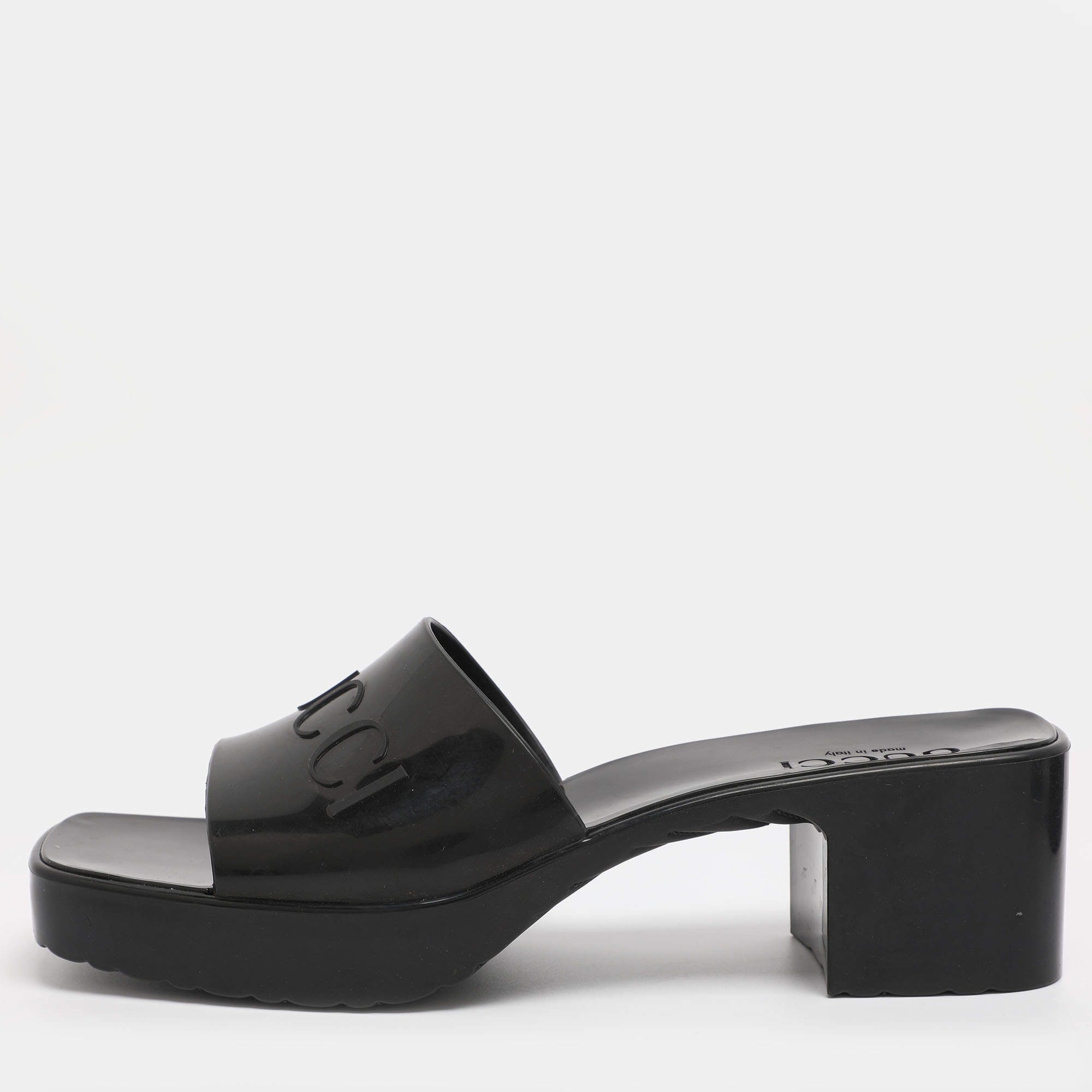 Pre Owned Gucci Black Rubber Embossed Logo Block Heel Slide Sandals Size 39