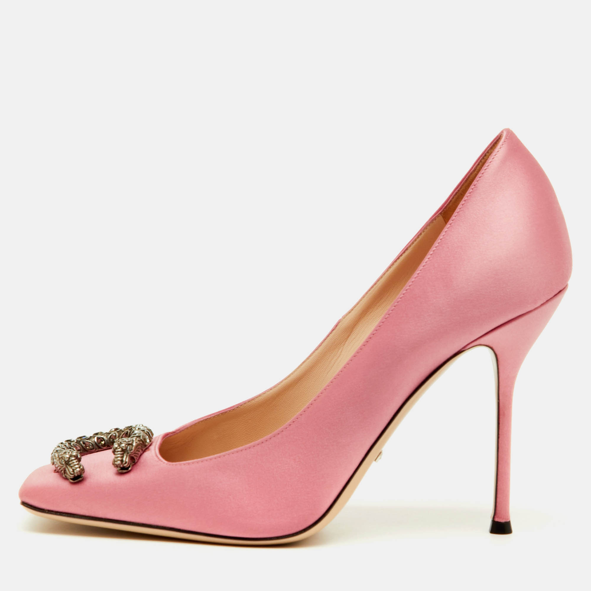 Pre Owned Gucci Light Pink Satin Dionysus Buckle Square Toe Pumps Size 40