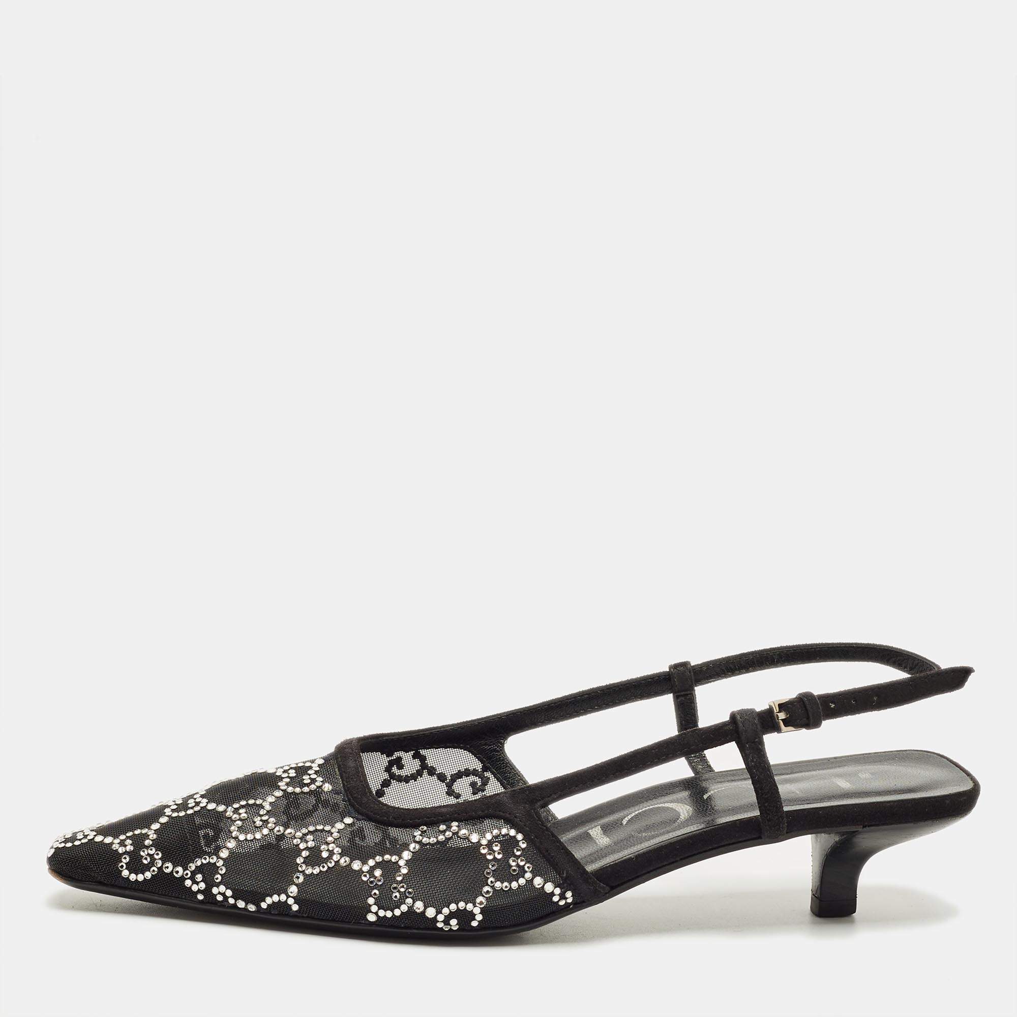 Pre Owned Gucci Black Suede and Mesh Crystal Embellished Slingback Pumps Size 37