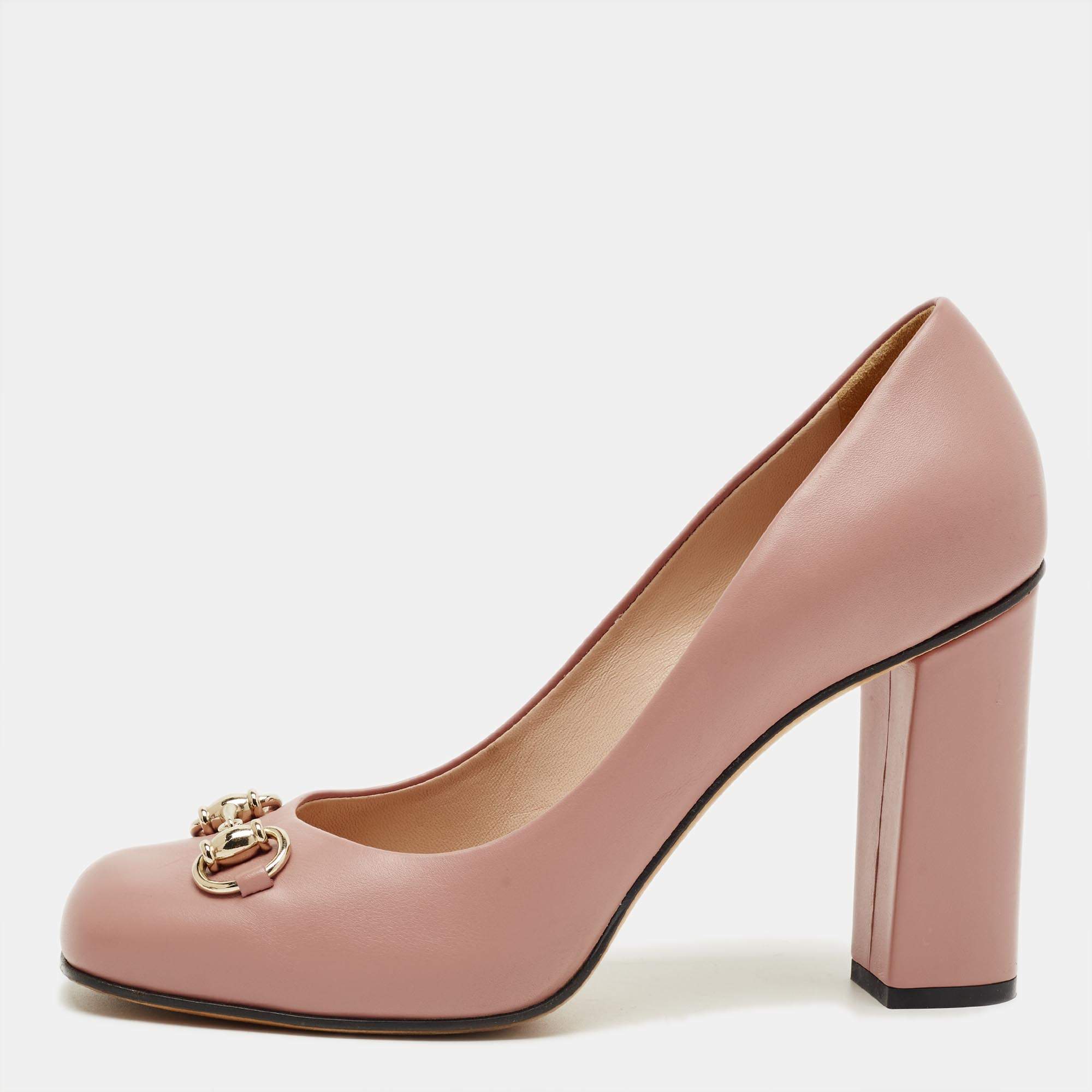 Pre Owned Gucci Pink Leather Horsebit Block Heel Pumps Size 39