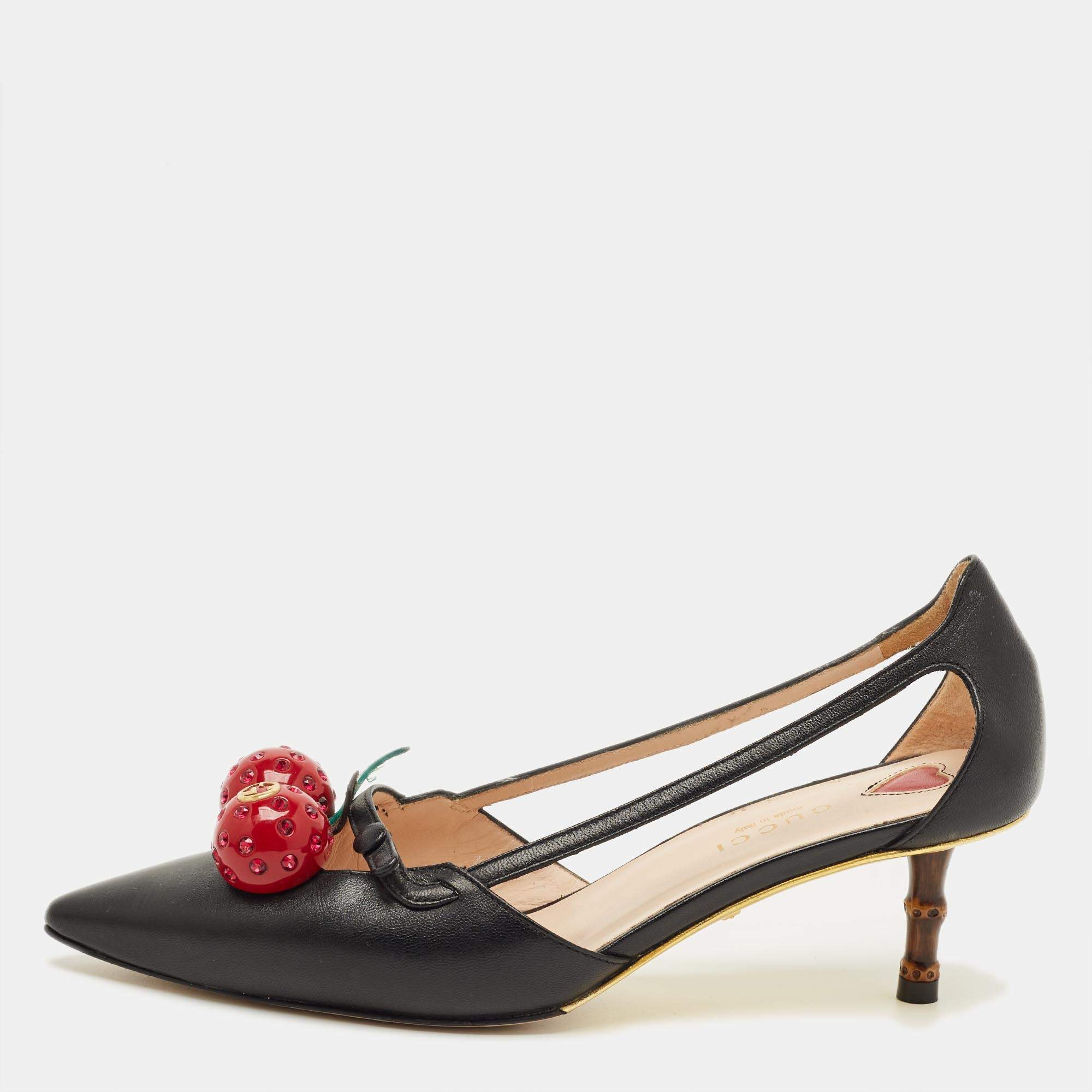 Pre Owned Gucci Black Leather Unia Cherry Bamboo Heel Pointed Toe Pump Size 36
