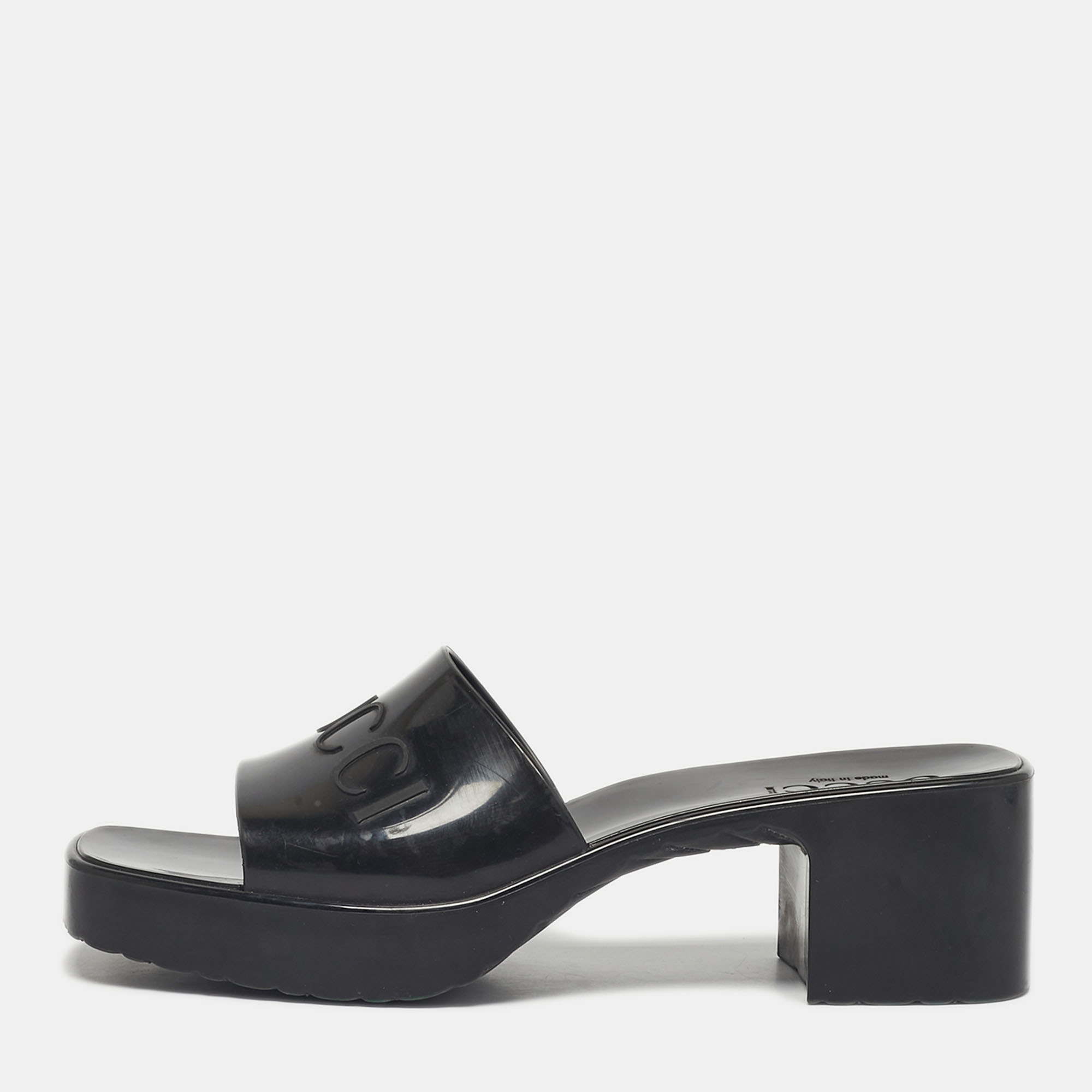 Pre Owned Gucci Black Rubber Logo Embossed Platform Slide Sandals Size 37