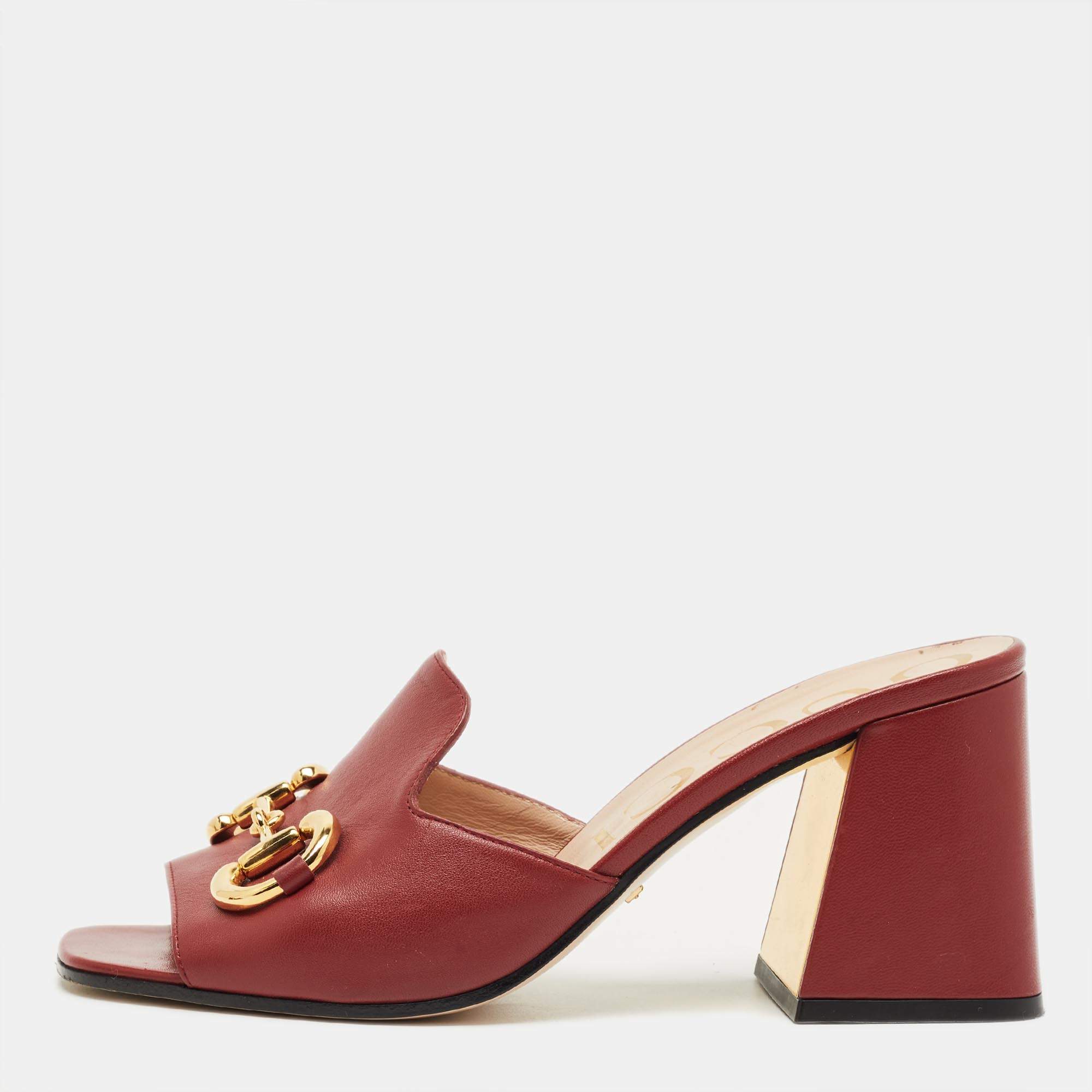 Pre Owned Gucci Burgundy Leather Horsebit Slide Sandals Size 38
