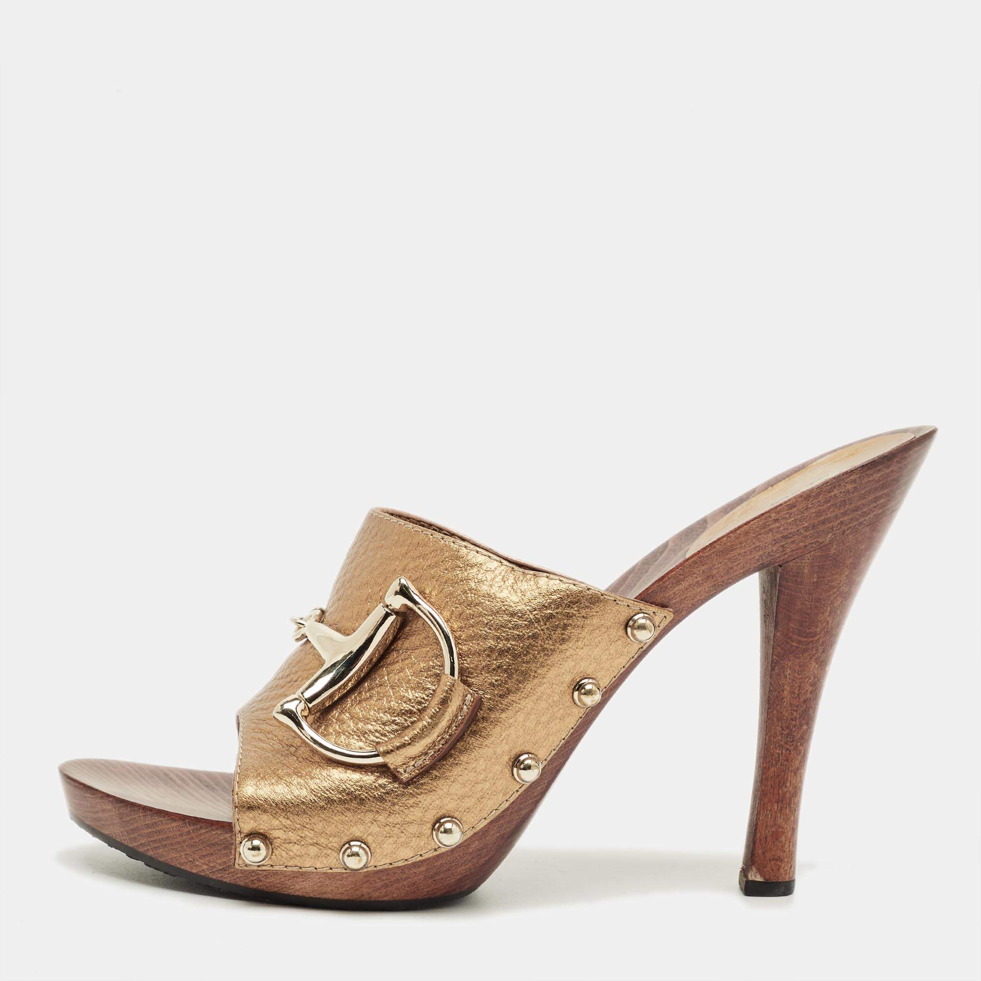 Pre Owned Gucci Gold/Brown Leather Icon Bit Clogs Size 39.5