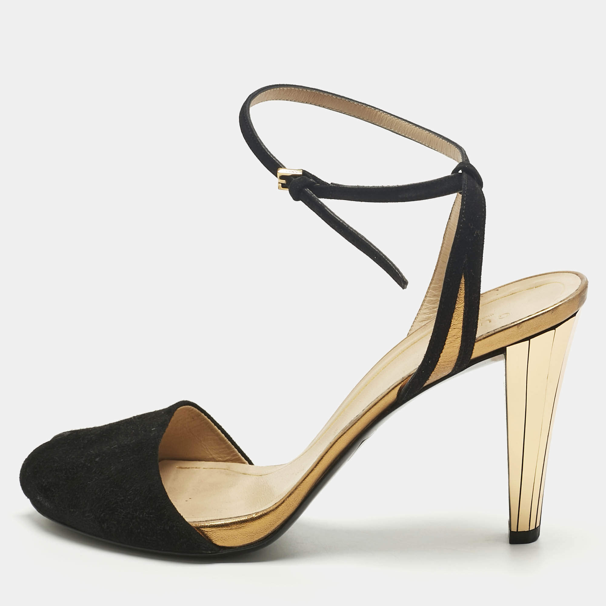 Pre Owned Gucci Black/Gold Leather and Suede Delphine Ankle Wrap Pumps Size 39