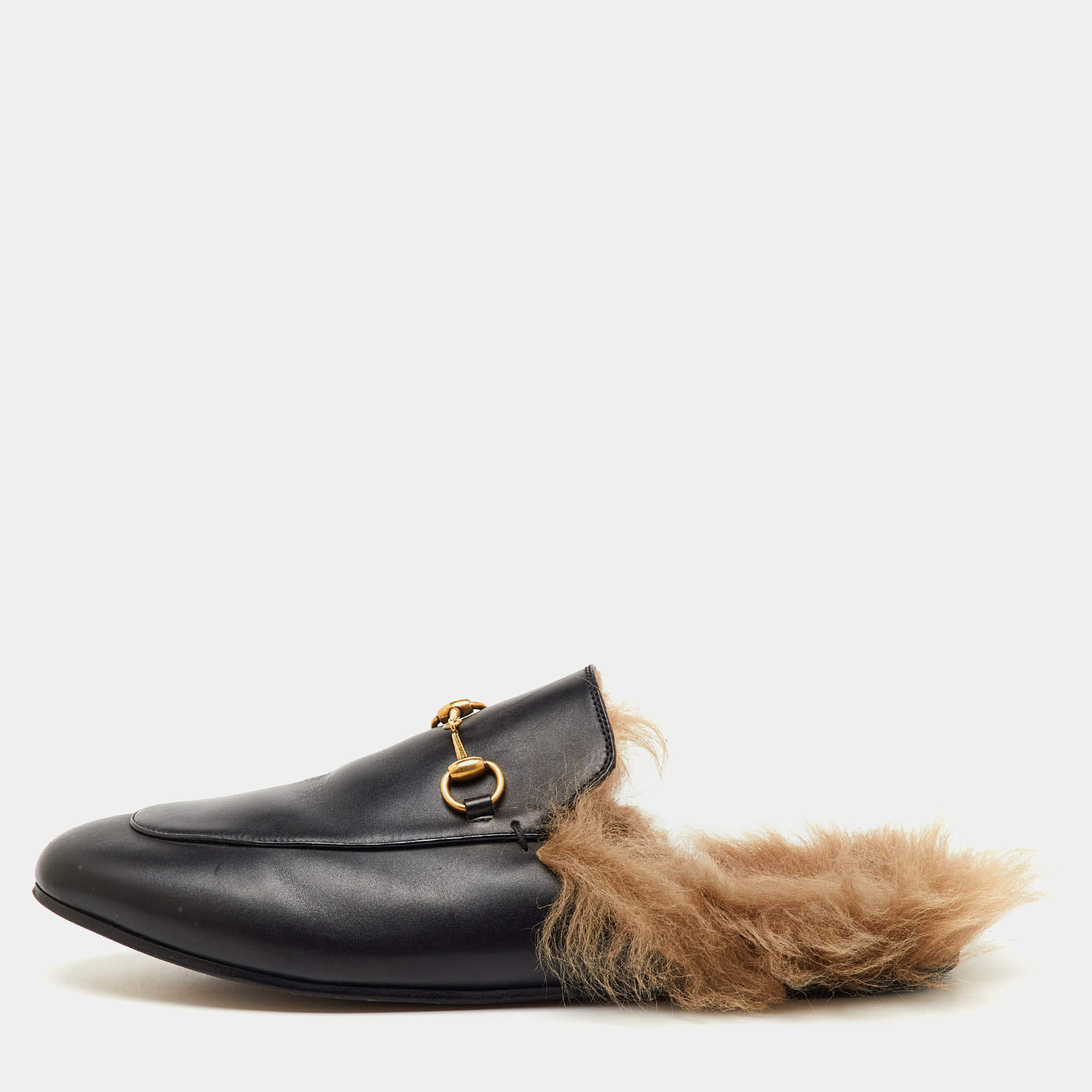 Pre Owned Gucci Black Leather and Fur Princetown Horsebit Flat Mules Size 41