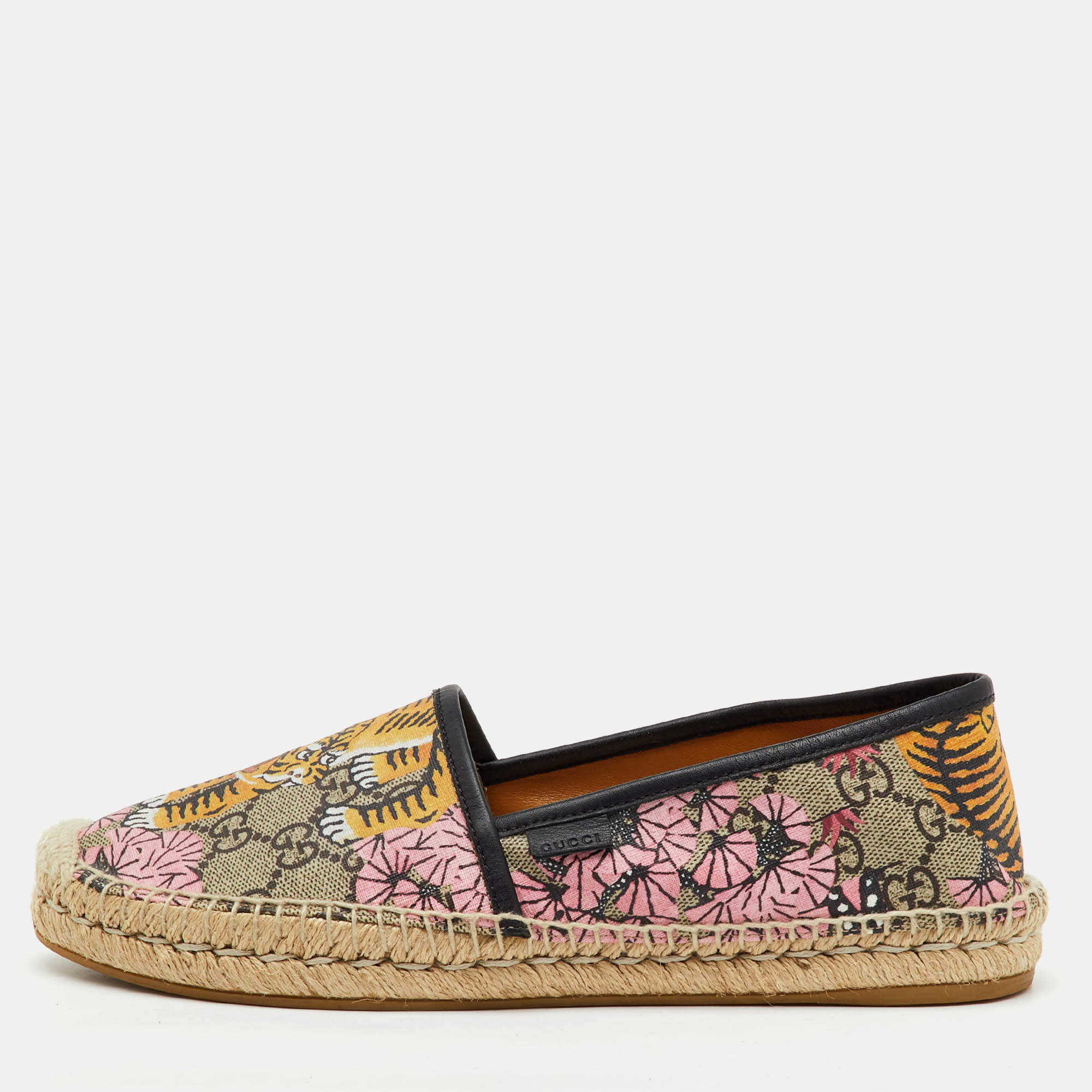 Pre Owned Gucci Multicolor GG Supreme Canvas Bengal Tiger Print Pillar Espadrille Flats Size 39.5