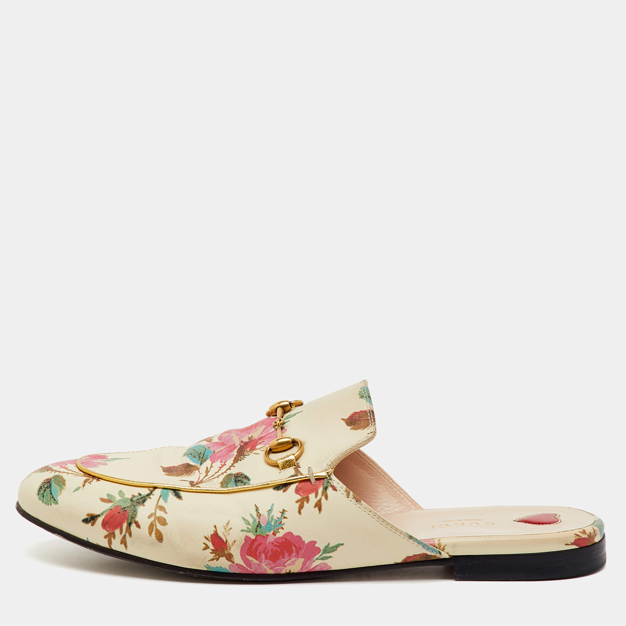 Pre Owned Gucci Cream Leather Floral Print Princetown Flat Mules Size 41.5