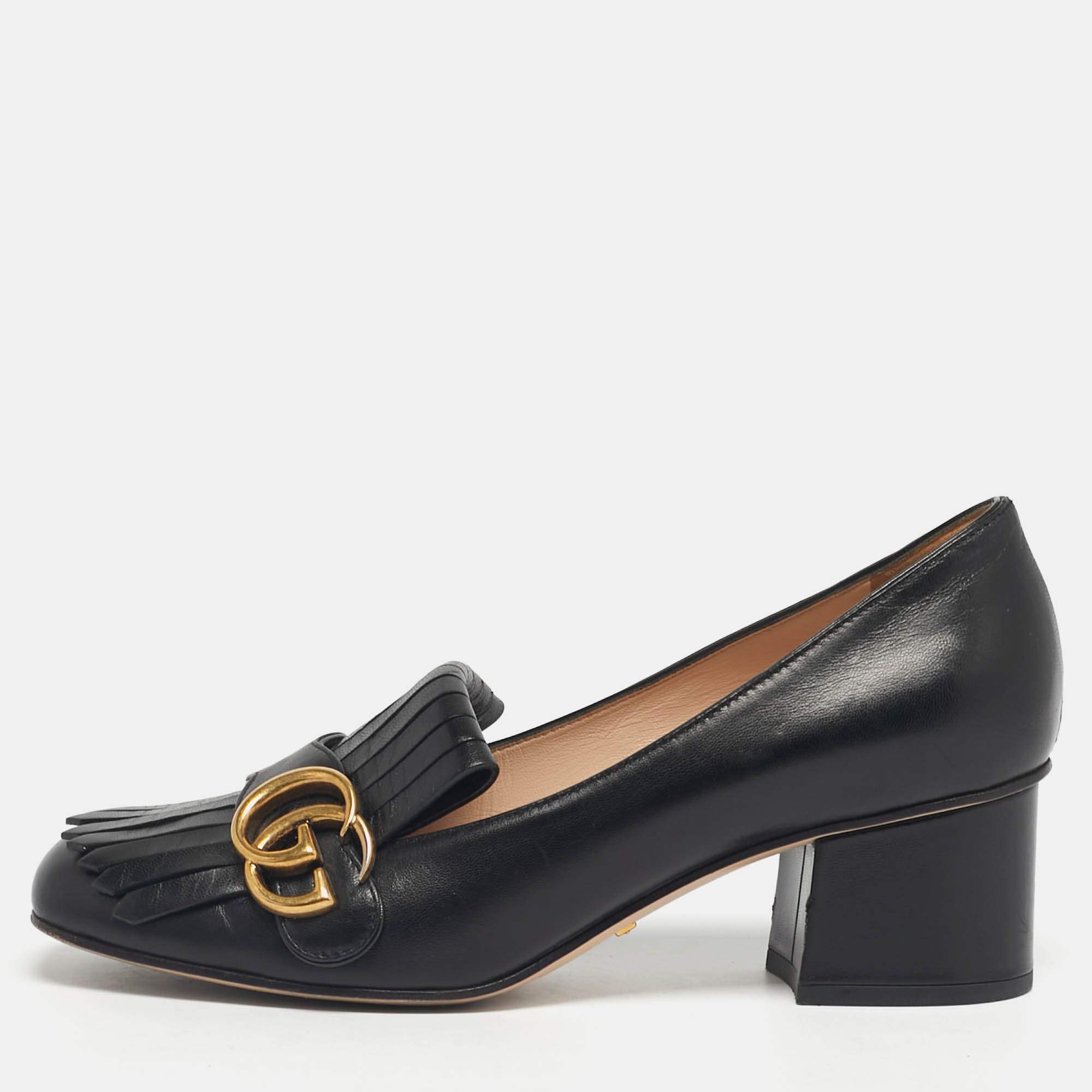 Pre Owned Gucci Black Leather GG Marmont Fringe Loafer Pumps Size 37