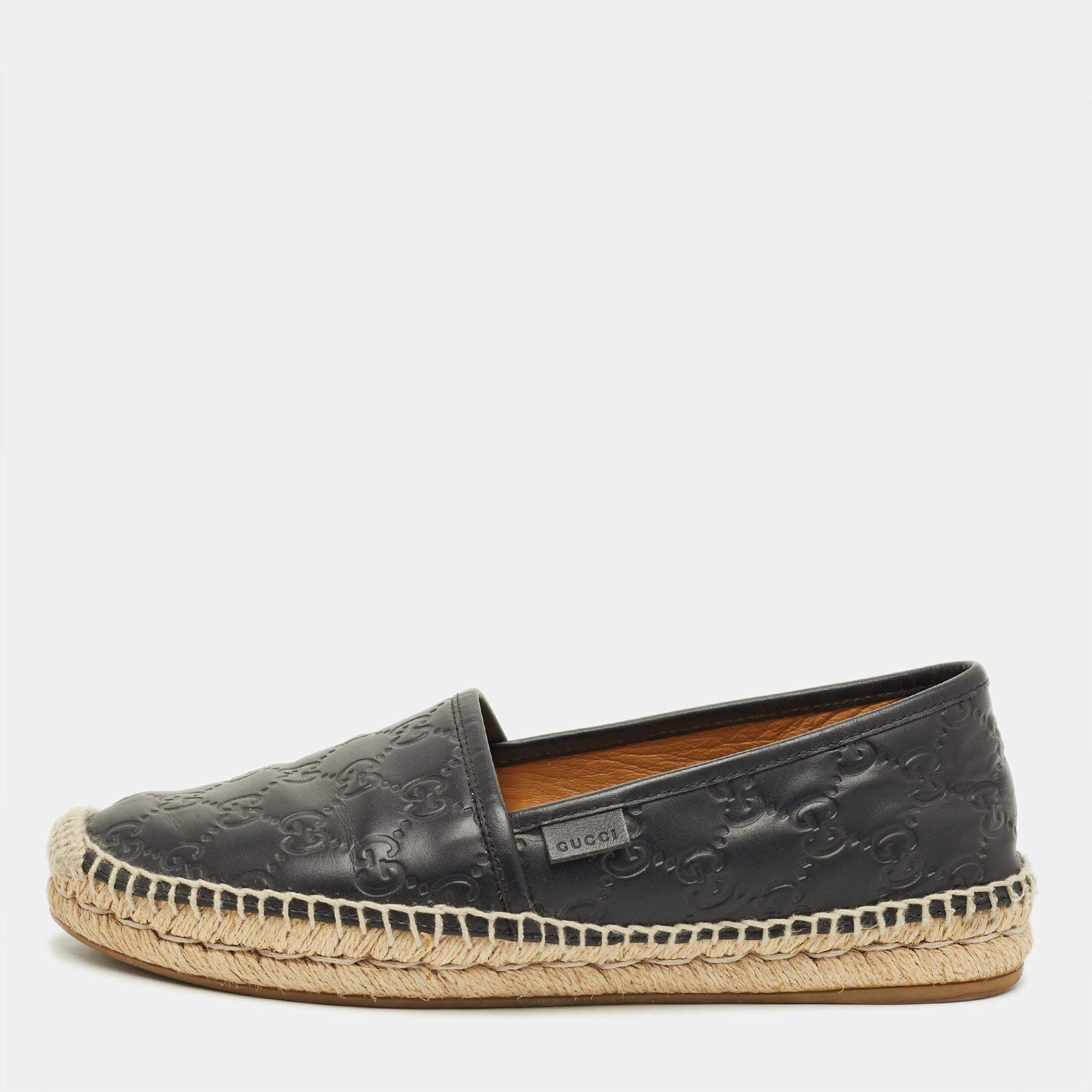 Pre Owned Gucci Black Leather Guccissima Espadrille Flats Size 38.5