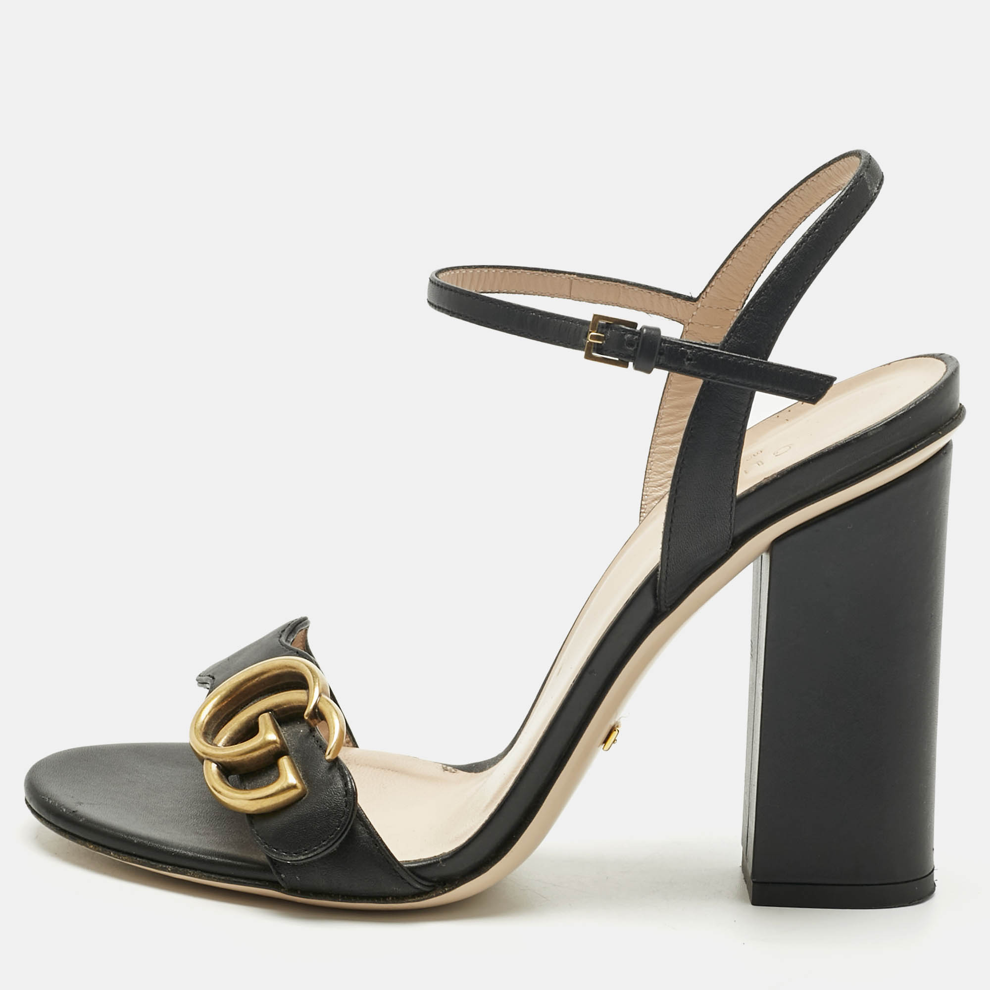 Pre Owned Gucci Black Leather GG Marmont Ankle Strap Sandals Size 36.5