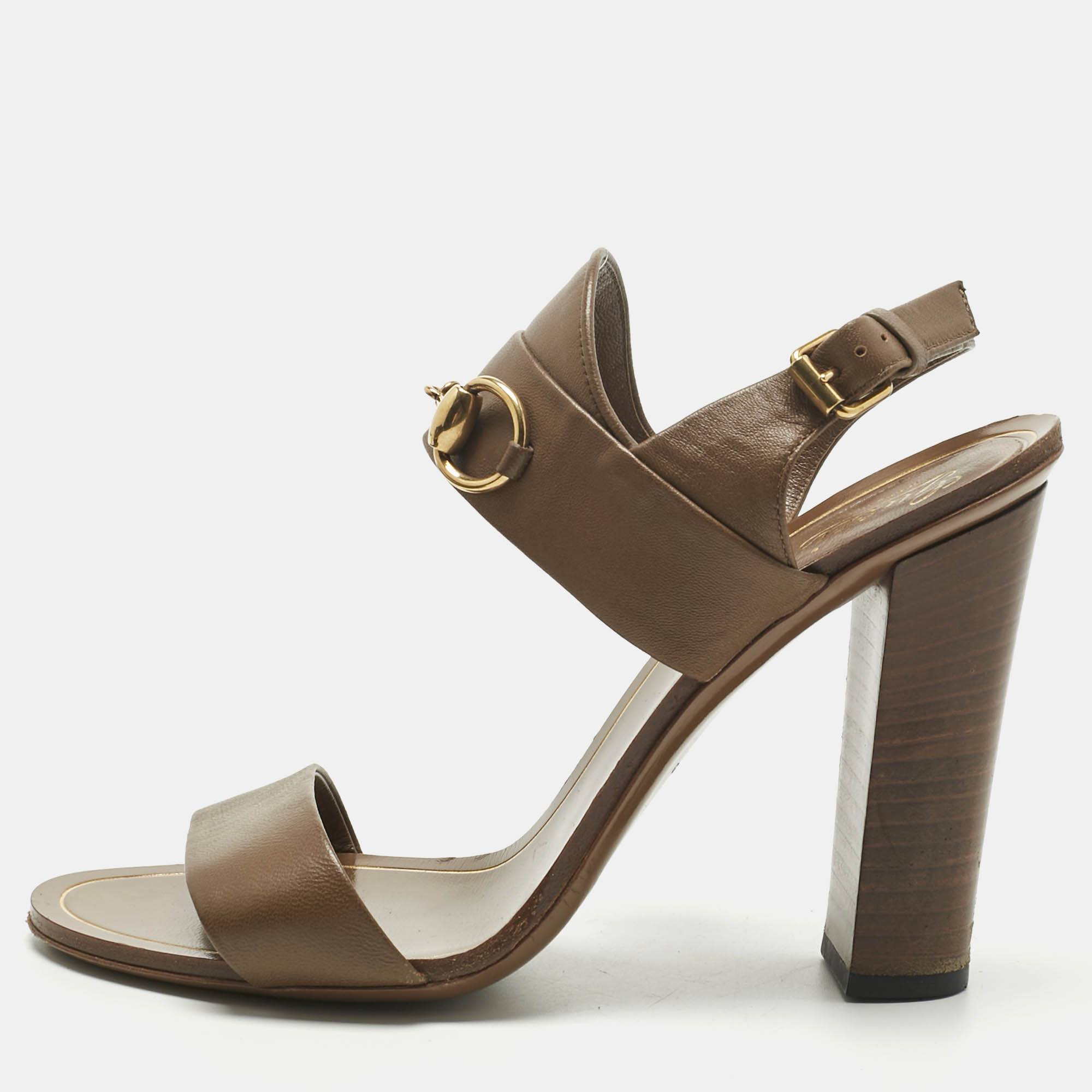 Pre Owned Gucci Brown Leather Horsebit Ankle Strap Sandals Size 37.5