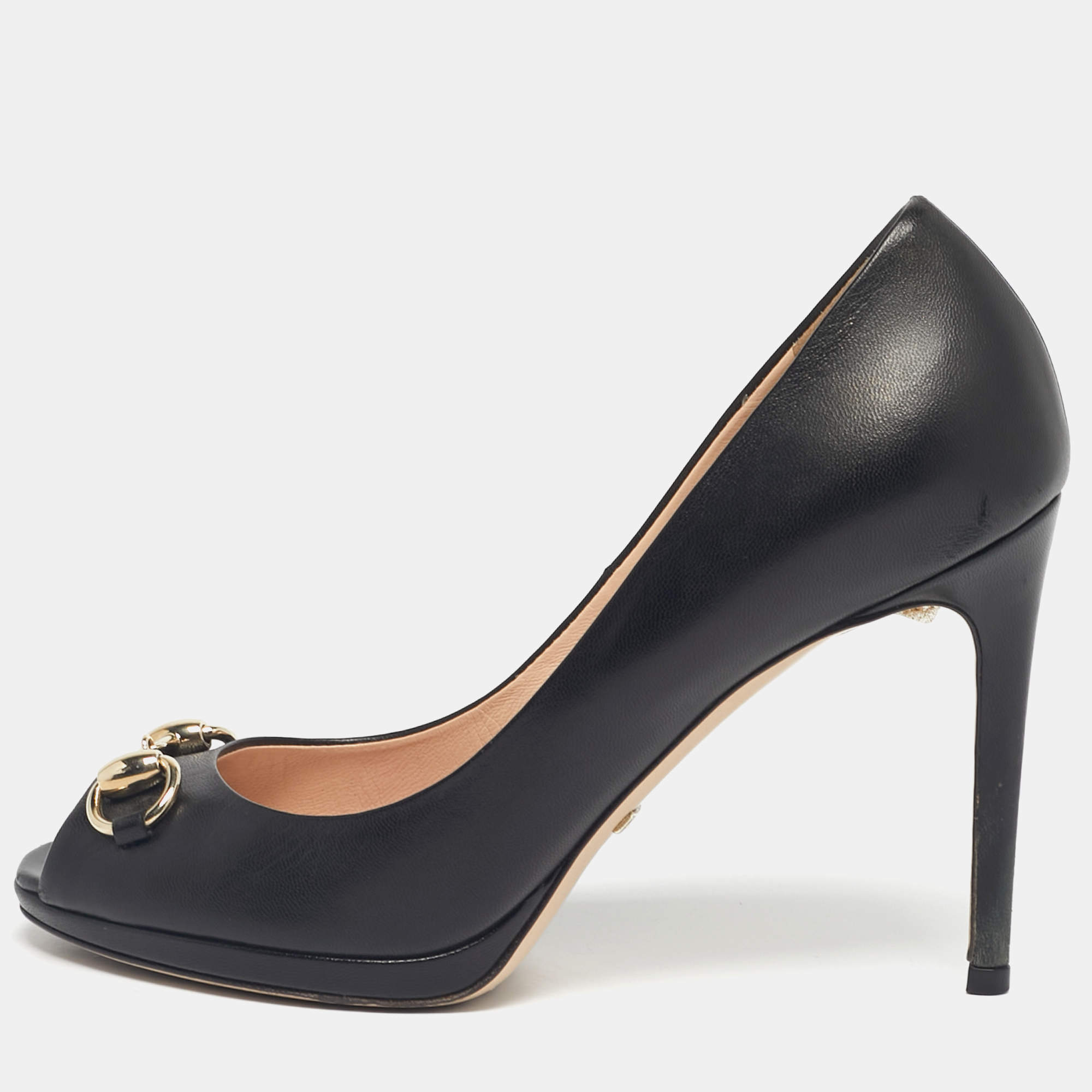 Pre Owned Gucci Black Leather Jolene Peep Toe Pumps Size 36