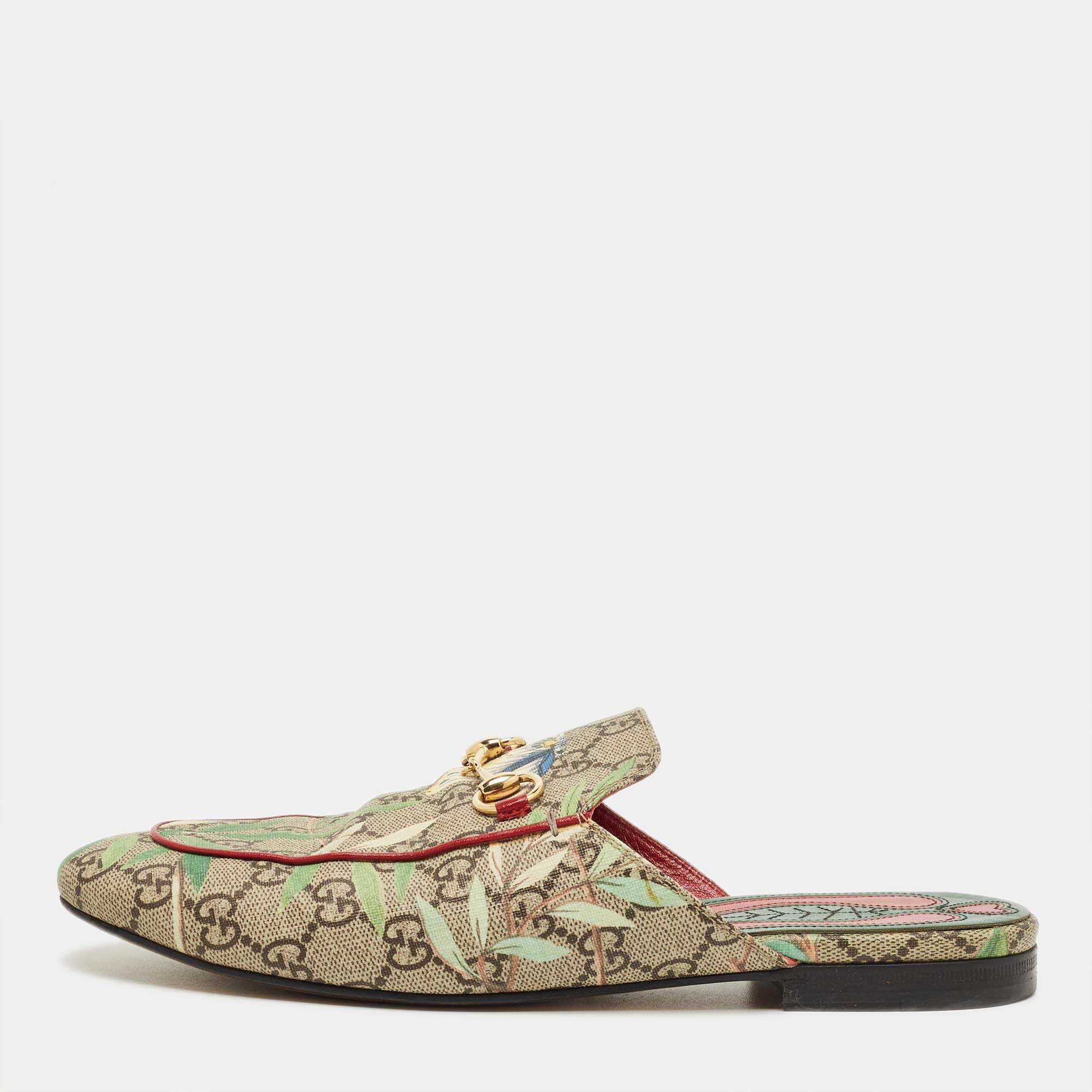 Pre Owned Gucci Beige Blooms Printed GG Canvas Princetown Mules Sandals Size 39
